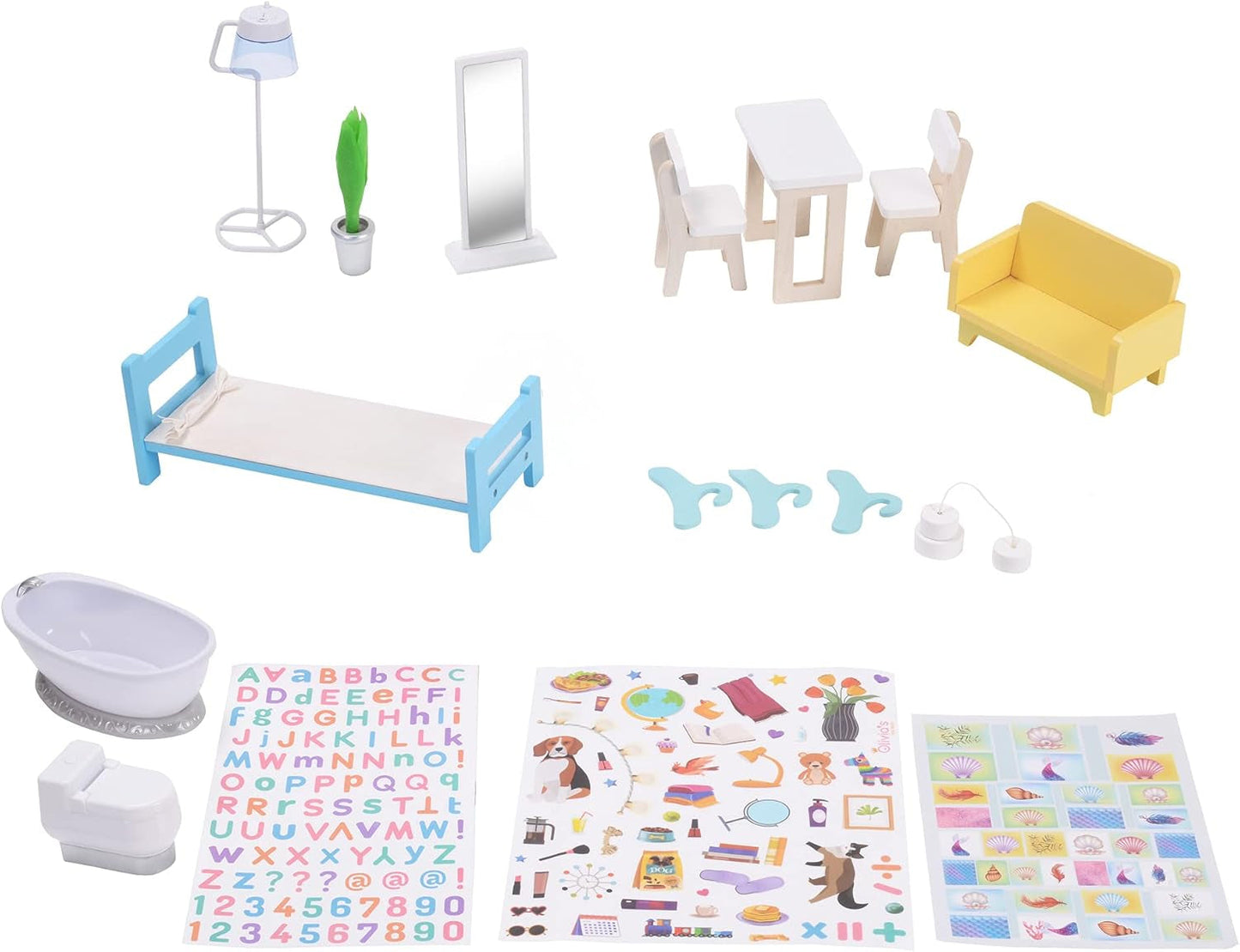 Olivia's Little World hedendaagse mediterrane stijl interactief houten poppenhuis van 3 verdiepingen voor kinderen met 17 poppenmeubelaccessoires veelkleurig TD-13551B