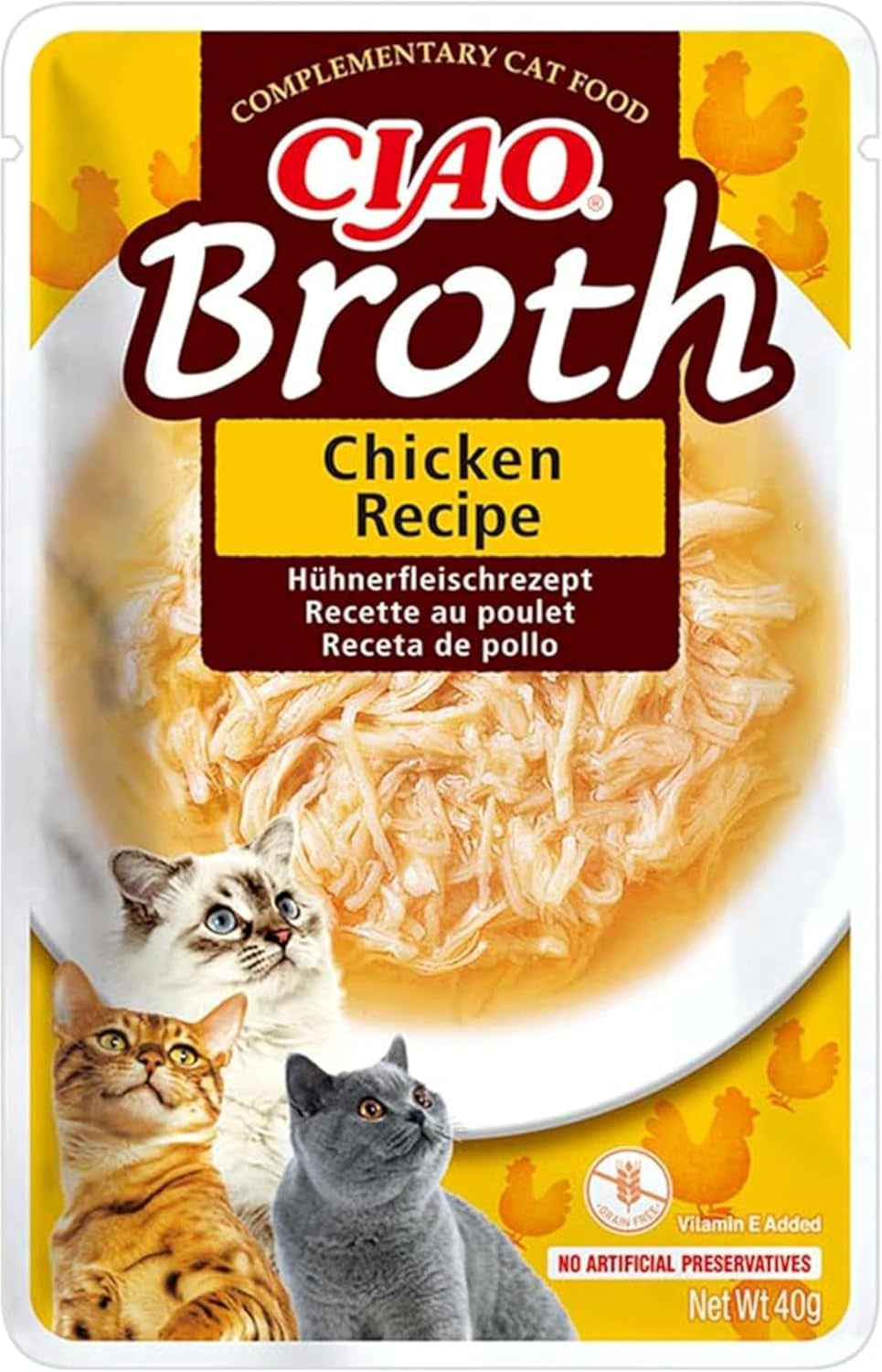INABA Ciao Broth Natvoer voor katten 88% vocht en vitamine E, premium soep voor katten met kip 40 g (pak van 12), 100% natuurlijk vlees, graanvrij, suikervrij