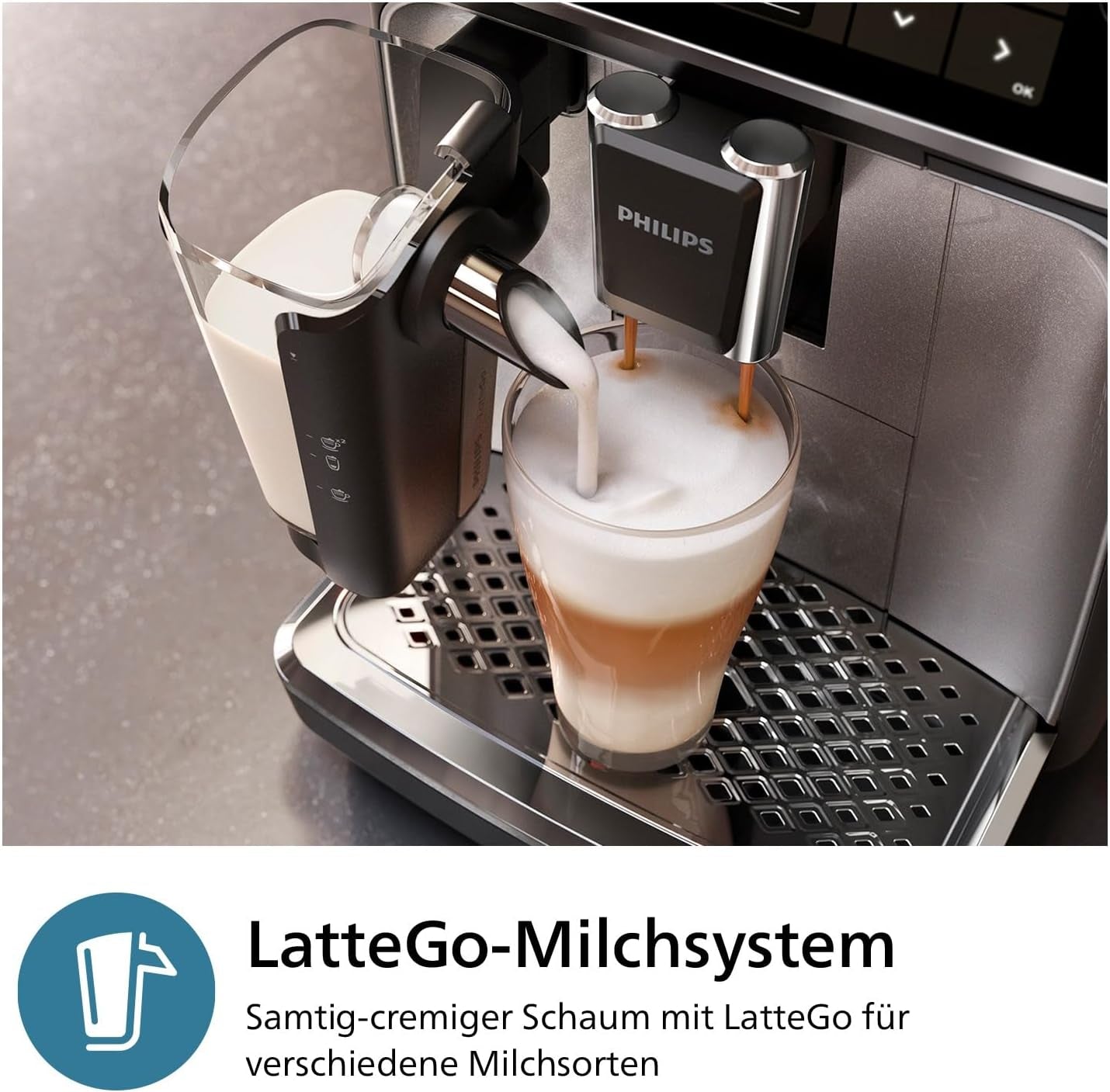 PHILIPS automatische espressomachine 3300 serie - 6 dranken, modern kleurentouchscreen, LatteGo melkbereidingssysteem, SilentBrew, 100% keramische molen, AquaClean filter. Zwart chroom (EP3347/90)