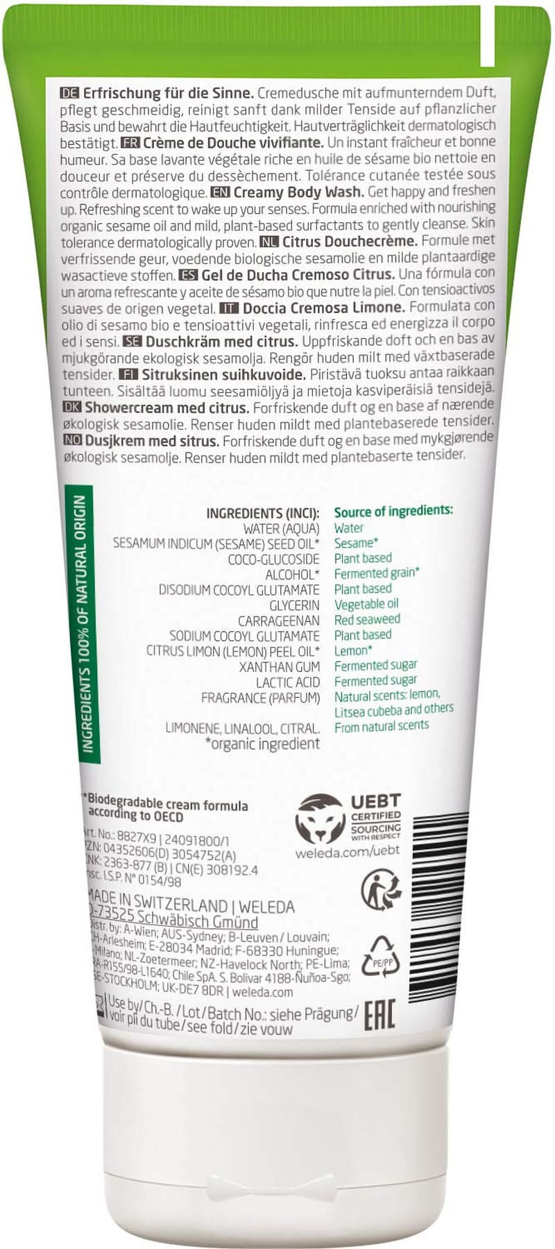 WELEDA Organic Refresh Douchegel Vegan, unisex douchegel, citroen/sinaasappelsmaak, 200 ml Naty Shop