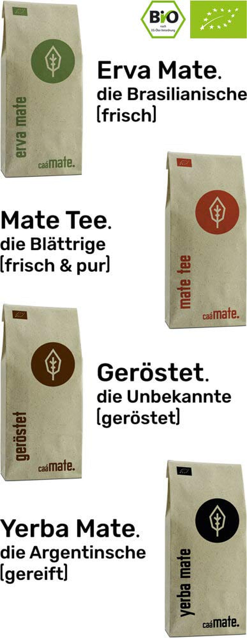 Mate thee proefset ● 4 soorten biologische Mate thee ● 100 g elk Erva Mate + Yerba Mate + Groene Mate thee + Geroosterde Mate thee