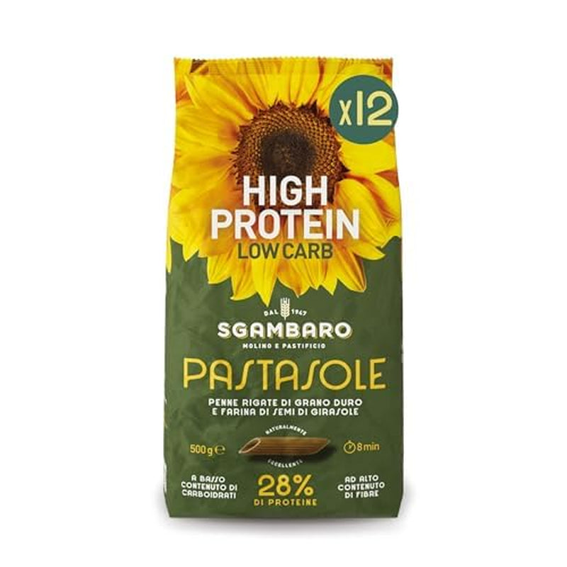 PASTASOLE, Penne Rigate met Hartweizengrieß aus 100% italienische Anbau und Sonnenblumenkernmehl - 500g - Hoog eiwit, laag koolhydraat, Hoger ballaststoffgehalt