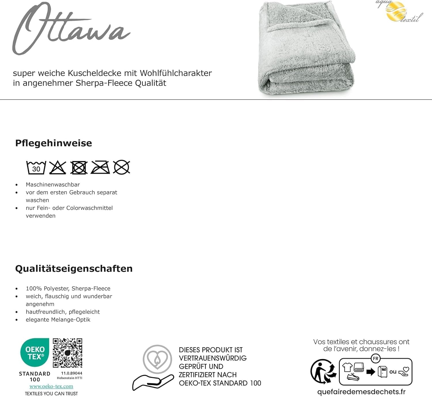 Aqua-Textil Pluizige knuffeldeken 150 X 200 Cm Grijs Wit Melange Pluche TV-deken Sprei Sherpa Fleece Oeko-Tex Ottawa Bedden en dekens Besuche den aqua-textil-Store