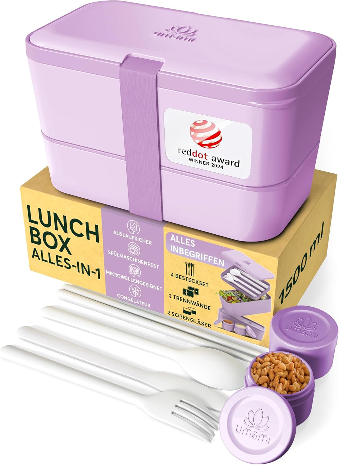 Umami lunchbox voor volwassenen, 4 bestek en compartiment lekvrije stapelbare bentobox, lunchbox voor volwassenen, saladecontainer voor onderweg, picknick-/kantoorlunchbox, antracietgrijs, 1500 ml voedselbewaardozen Naty Shop lavendelpaars L - 1500 ml in elkaar stapelbaar