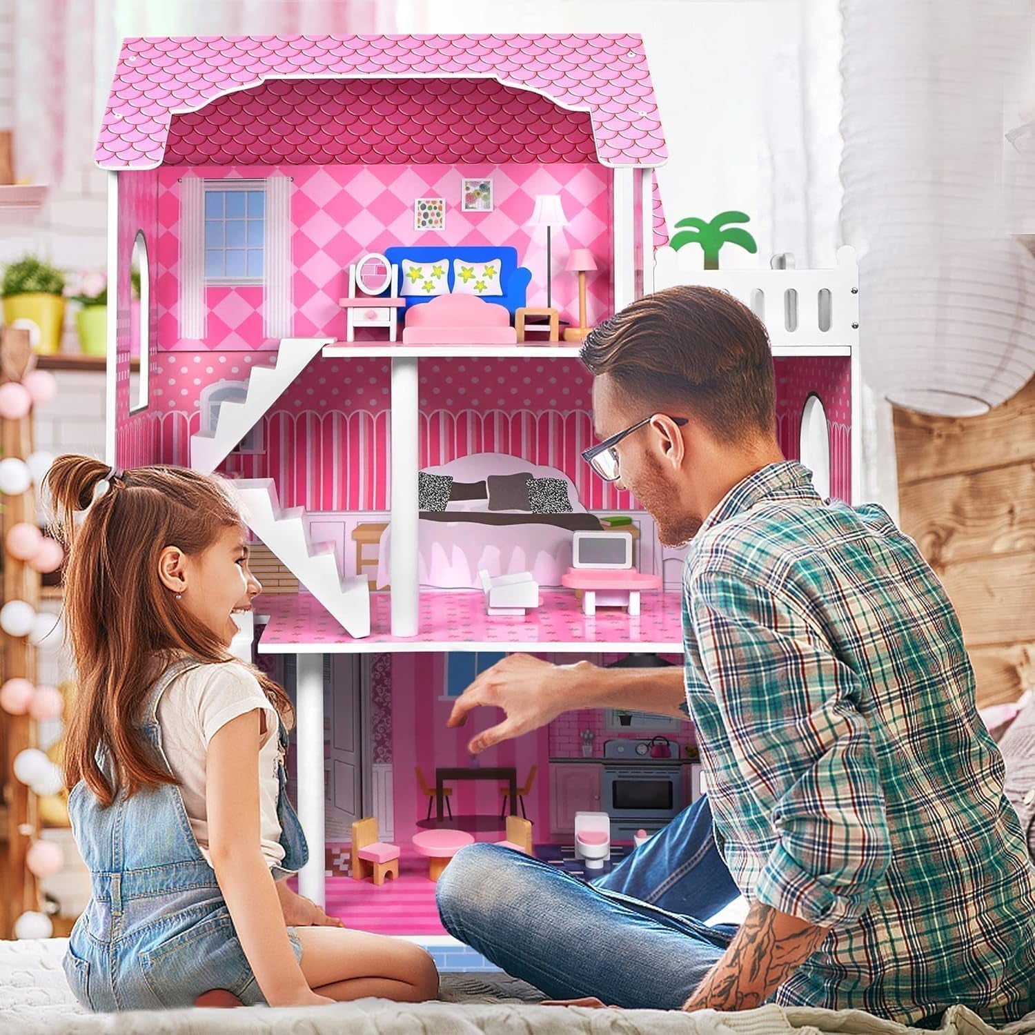 HENGMEI Puppenhaus Kinder Holz Puppenvilla poppenhuisset Mädchen Spielset 3 Etagen Haus mit Möbeln und Zubehör, 70x30x100cm Puppenhäuser für Kinder (Typ B)