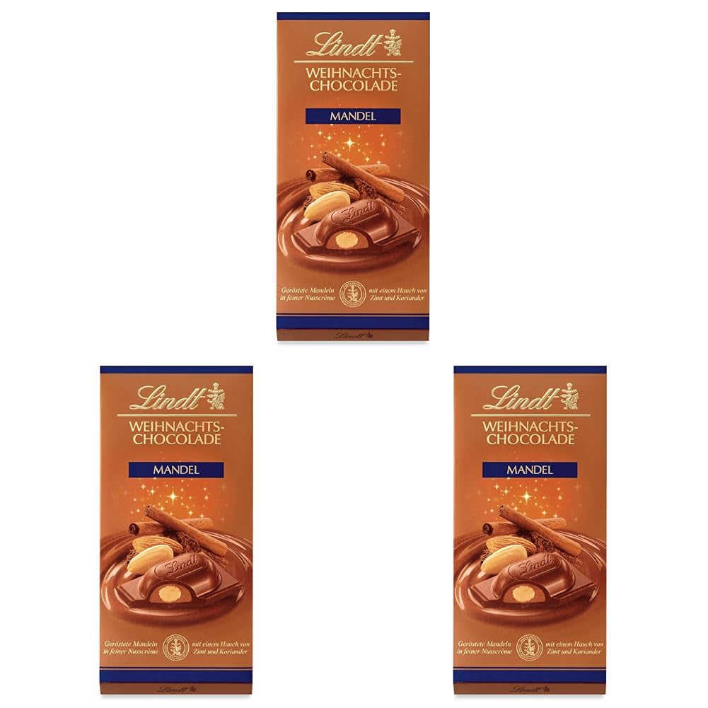 Lindt Kerstamandelchocoladereep | 100 gram | Amandelen in walnotencrème omhuld met de fijnste melkchocolade | Chocolade kerstcadeau