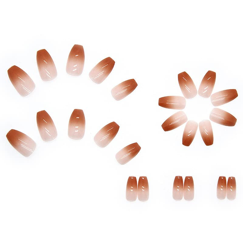24pcs Franse pers op korte nagels Doodskist Kunstnagels Koraalroze Ombre Zelfklevende nagels Ballerina Nagelset Acryl Nageltips Dames Lente Zomer Nagelaccessoires