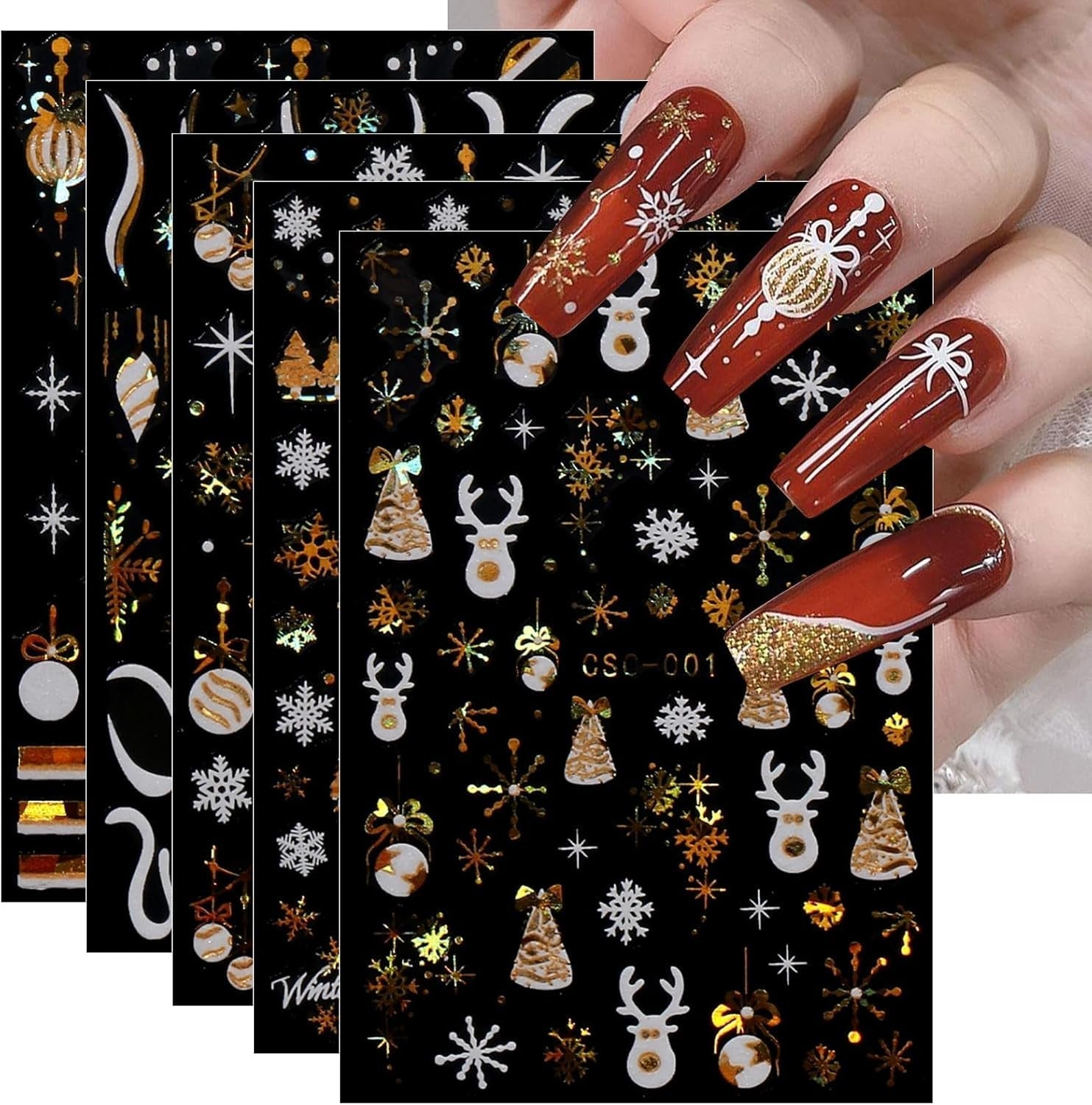 JMEOWIO Nagelsticker Weihnachten Gold Glitter Silber 8 Blatt Nail Art Sticker Selbstklebend Nagelaufkleber Schneeflocke Winterurlaub Decoratie Nageldesign Zubehör