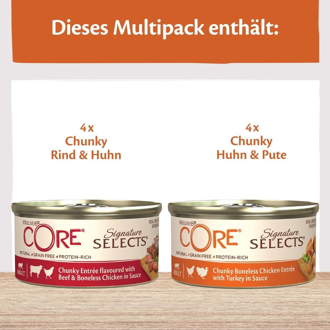 Wellness CORE Signature Selects 8 x 79g, Mix Rundvlees, Kip en Kalkoen - Nat kattenvoer, heerlijke reepjes in saus, graanvrij, natuurlijk, hypoallergeen, rijk aan eiwitten, rijk aan vlees
