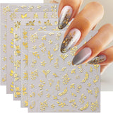 JMEOWIO Nagelsticker Goldene Blumen 8 Blatt Nail Art Sticker Selbstklebend Nagelaufkleber Decoratie Nageldesign Zubehör