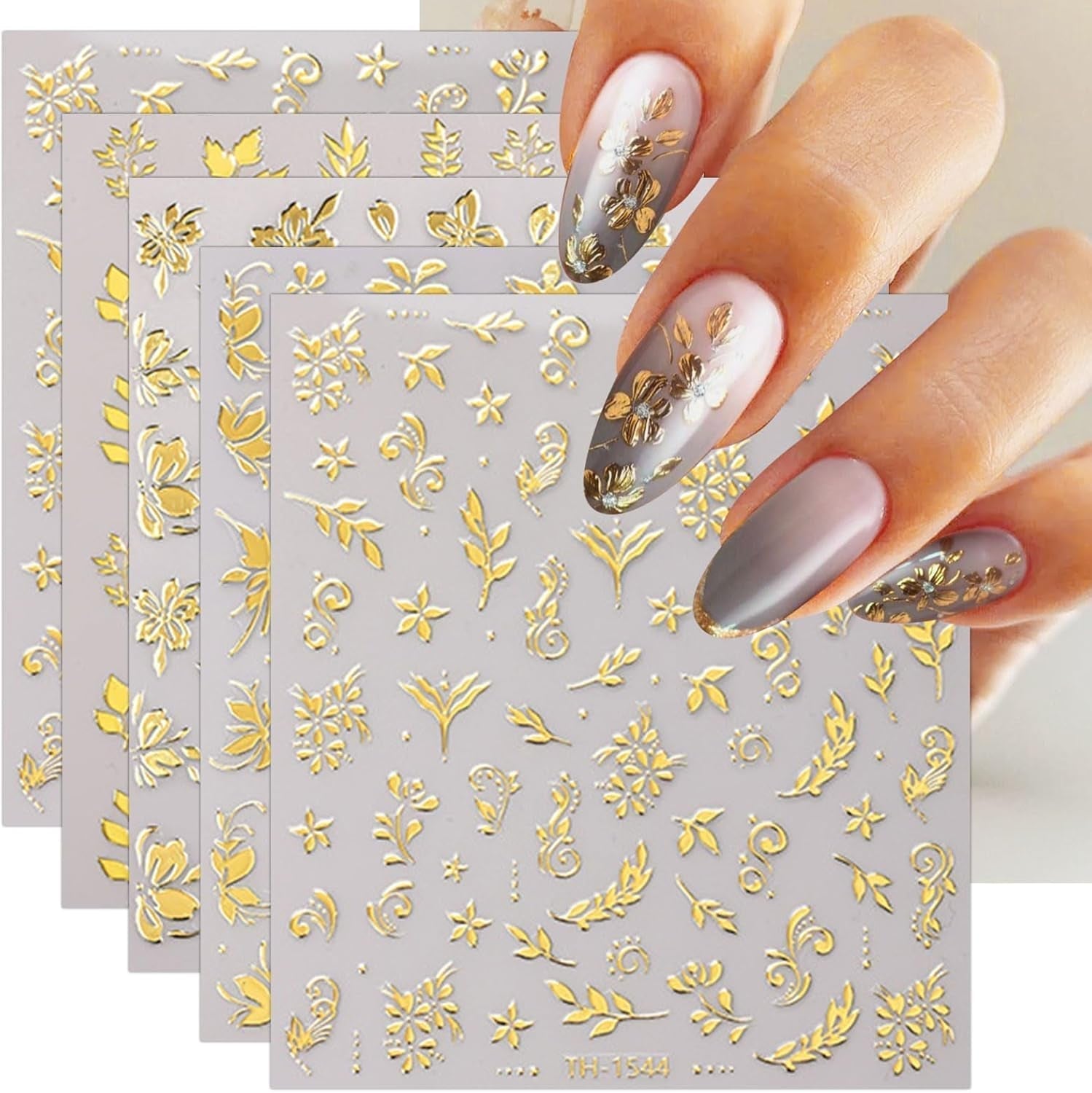 JMEOWIO Nagelsticker Goldene Blumen 8 Blatt Nail Art Sticker Selbstklebend Nagelaufkleber Decoratie Nageldesign Zubehör