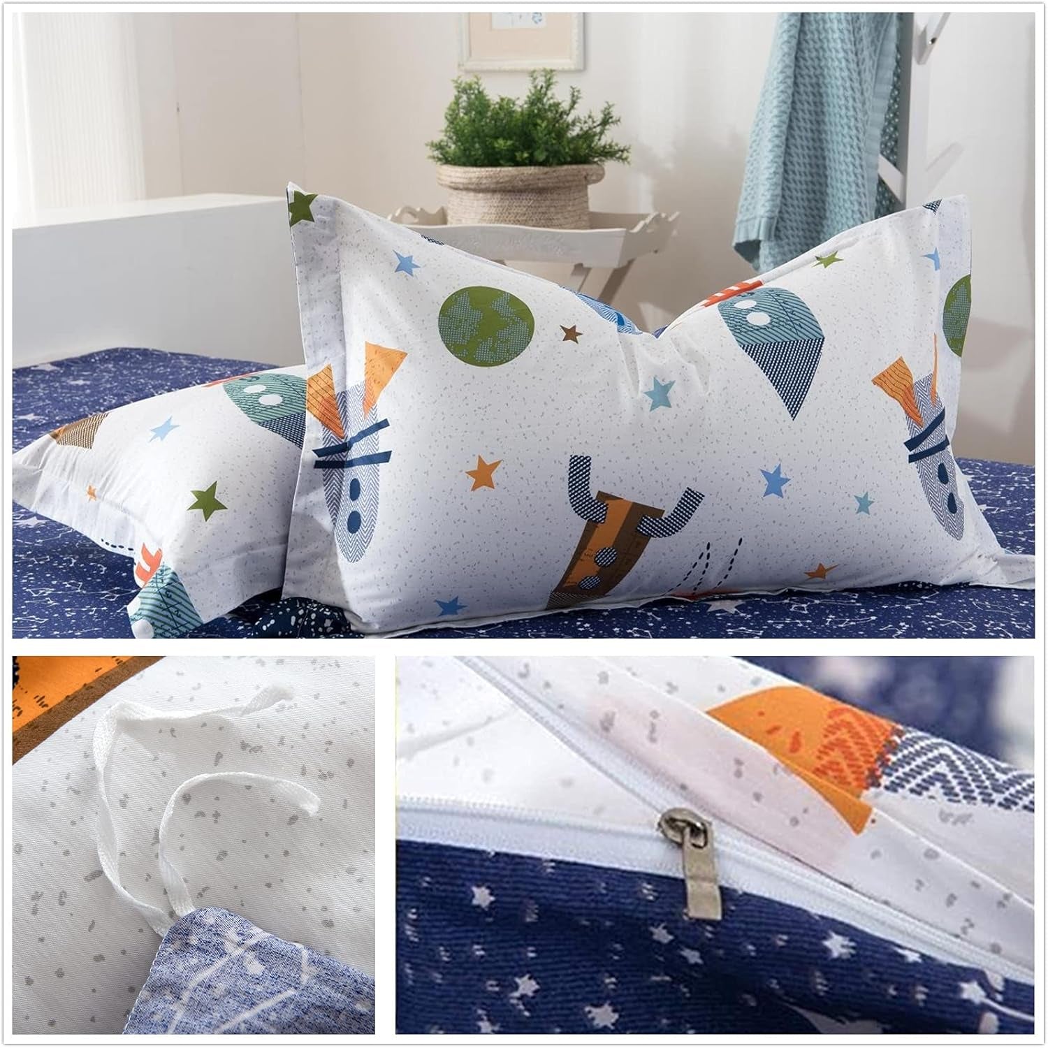 Kinderbeddengoed, raketten en planeten, omkeerbaar design, katoenen beddengoed - kinderen Naty Shop