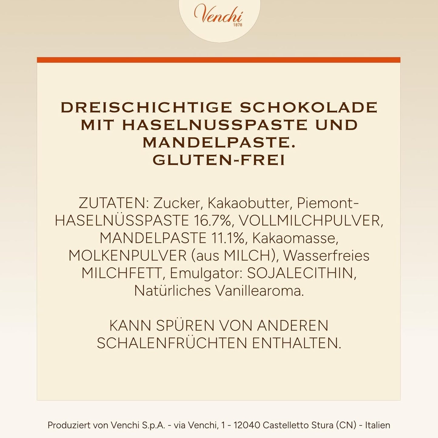Venchi - Cremini 1878 - Drielaagse chocolade met gianduja met melk en amandelspijs, "Piemontese Hazelnoten BGA", 1 kg, glutenvrij, zonder kleurstoffen en zonder bewaarmiddelen