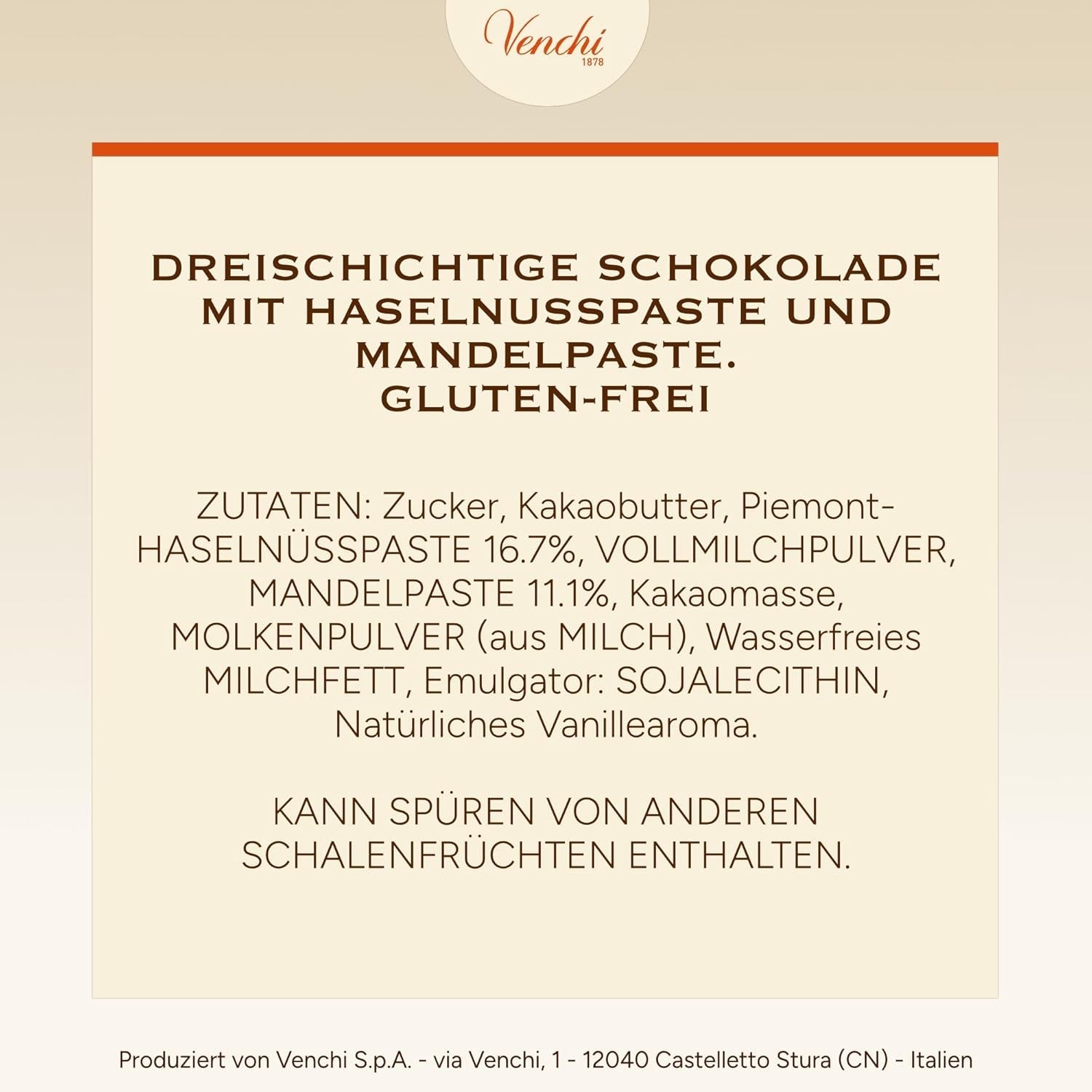 Venchi - Cremini 1878 - Drielaagse chocolade met gianduja met melk en amandelspijs, "Piemontese Hazelnoten BGA", 1 kg, glutenvrij, zonder kleurstoffen en zonder bewaarmiddelen