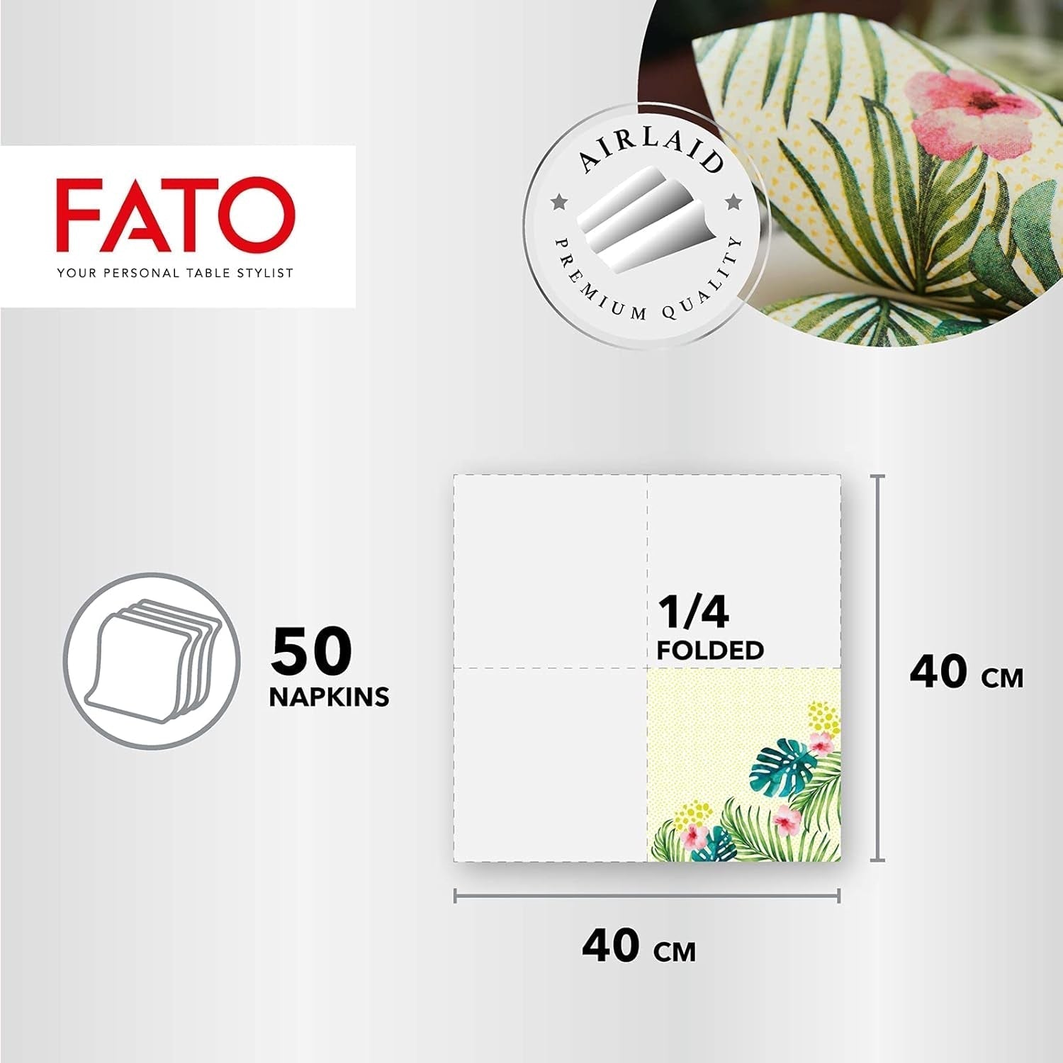 Fato - Droogpapieren servetten, airlaid, textieleffect, verpakking van 50 servetten, 40X40 gevouwen in 4-formaat, Tropicana Decor