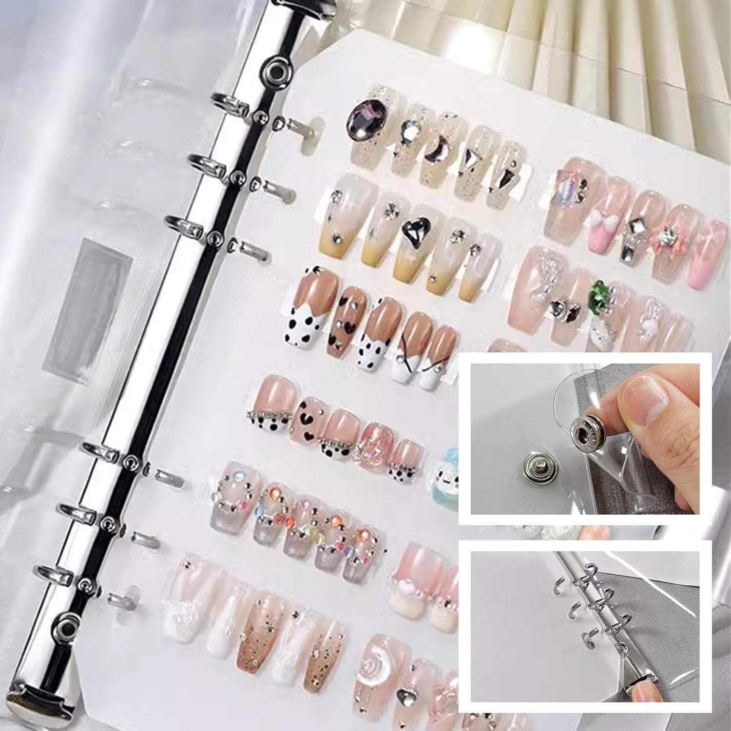 A5 nagelorganizerset met nietjessluiting en verwijderbare vellen - Stevige doorzichtige doos + 6 zelfklevende pads en afneembaar kunst-/klevend nagelopbergboek - Ideaal voor opslag, presentatie