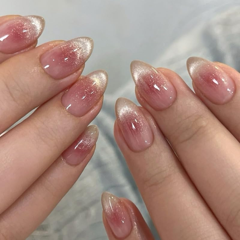 Moonglow korte magnetische kunstnagels, roze amandelrood gradiënt glitter kattenoog met lijm, roze rode ombre glitter fototherapie kunstnagels voor dames en meisjes
