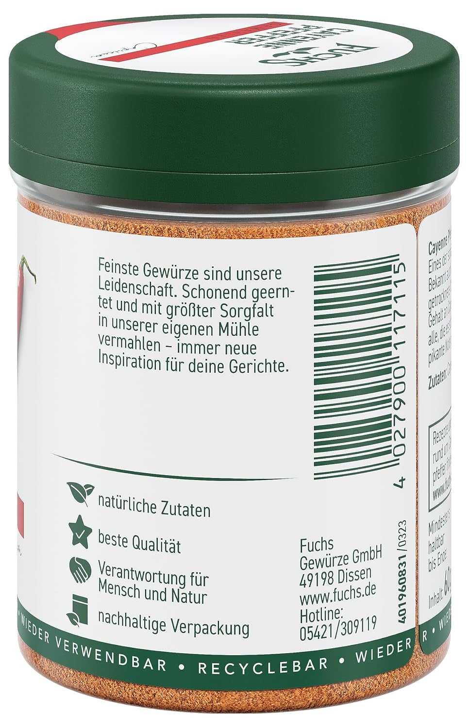 Fuchs Gewürze - Cayennepeper gemahlen - voor einen scharfen Geschmack in allerlei gerechten - natuurlijke ingrediënten - 60 g in wiederverwendbarer, recyclebarer Dosis