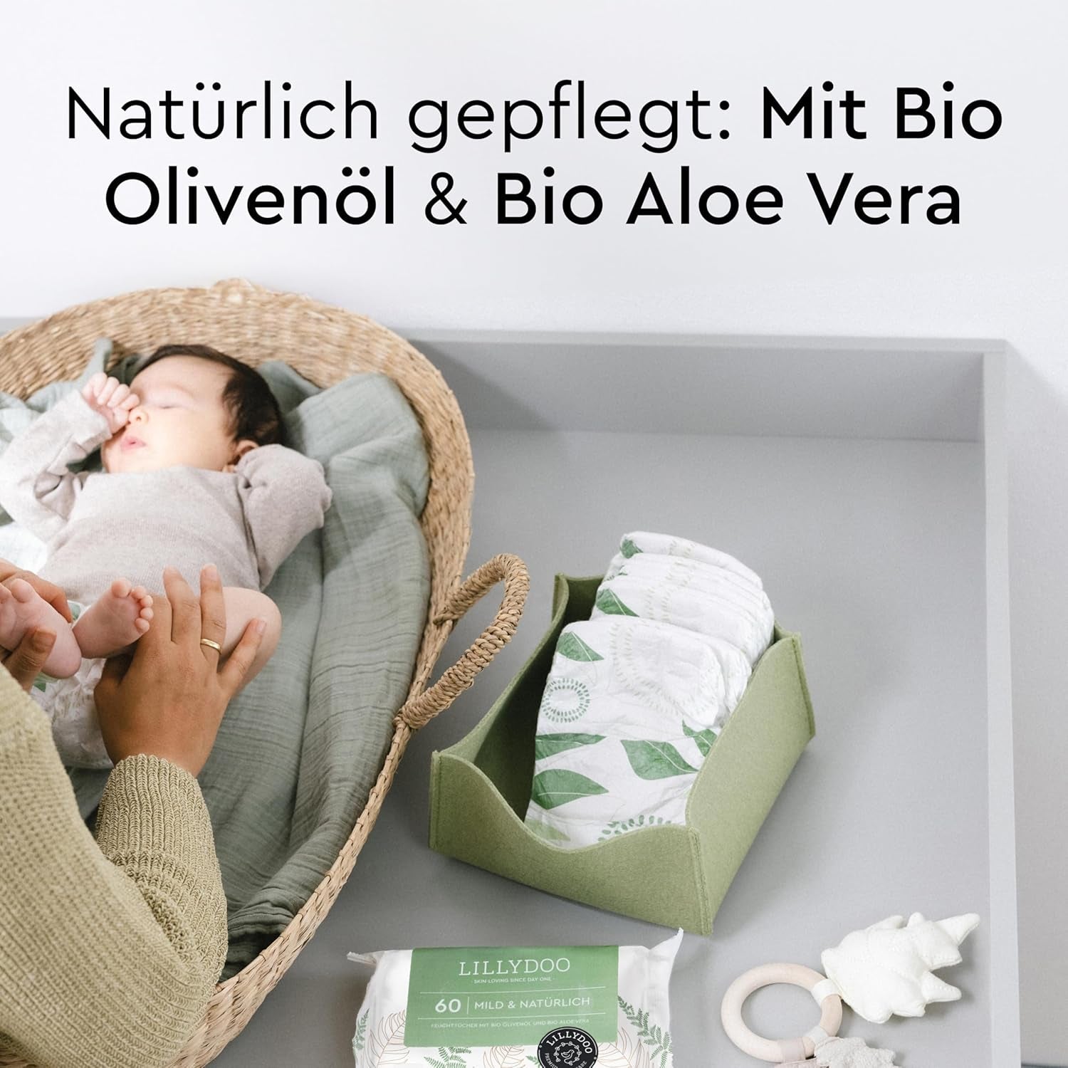 LILLYDOO Groene vochtige doekjes, 600 stuks (10 x 60), 100% plasticvrij, scheurbestendig doekje - geurvrij, zacht en natuurlijk, zachte reiniging voor de gevoelige huid, dermatologisch getest