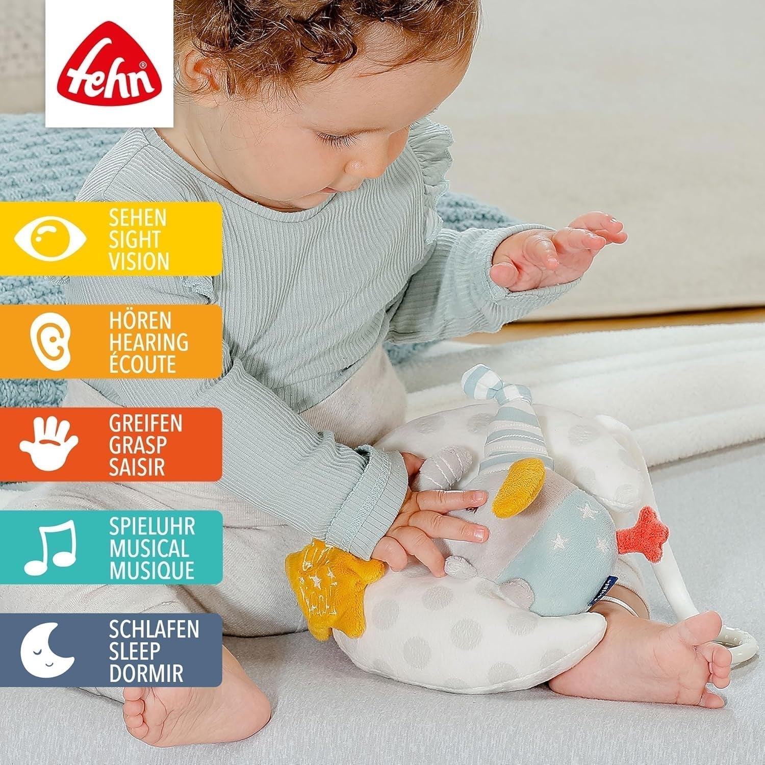 Fehn muziekdoos babyolifant in de maan - borduursel "Glow-in-the-dark" met het liedje "The moon has risen" - knuffel om je te helpen in slaap te vallen - speelgoed voor kinderen onderweg en thuis - vanaf 0+ maanden Babyspeelgoed Naty Shop