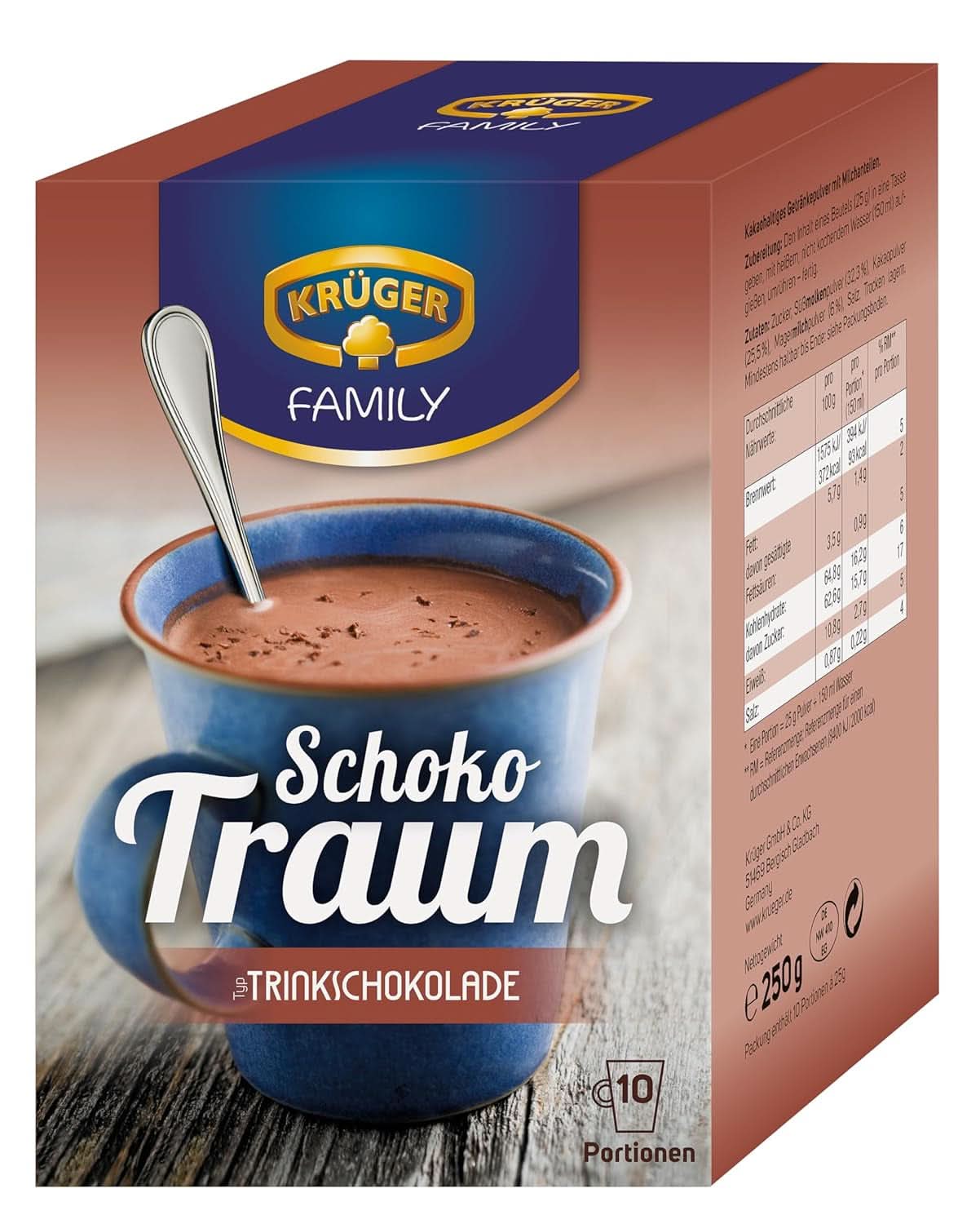 KRÜGER Family, Cacaopoeder voor warme chocolademelk, 8 dozen x 10 zakjes, 8 x 250 gram Cacao en Warme Chocolademelk Naty Shop