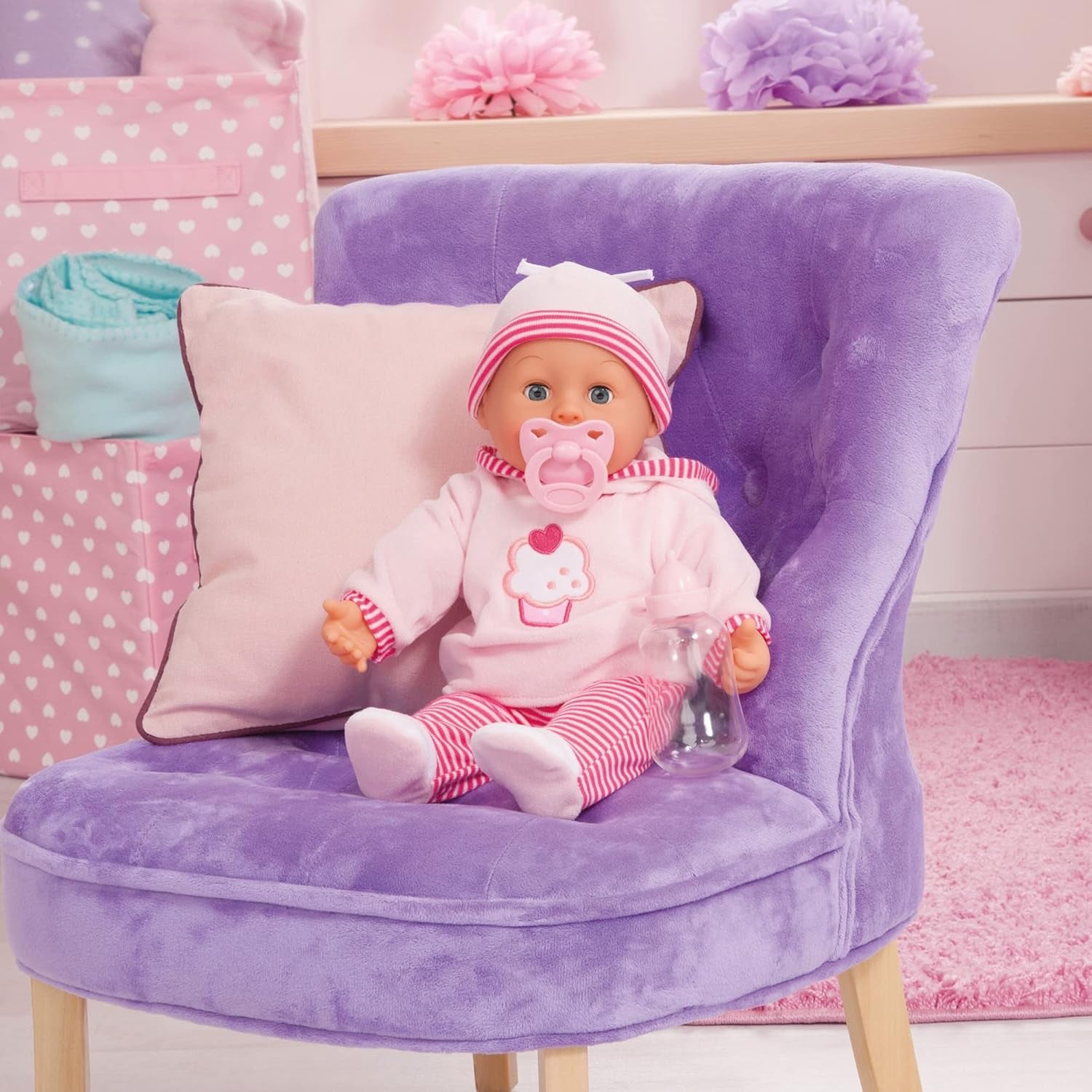First Words pop met slaapogen, spreekt 24 babygeluiden, met pop en fles, 38 cm, roze/gestreept Naty Shop Dolls