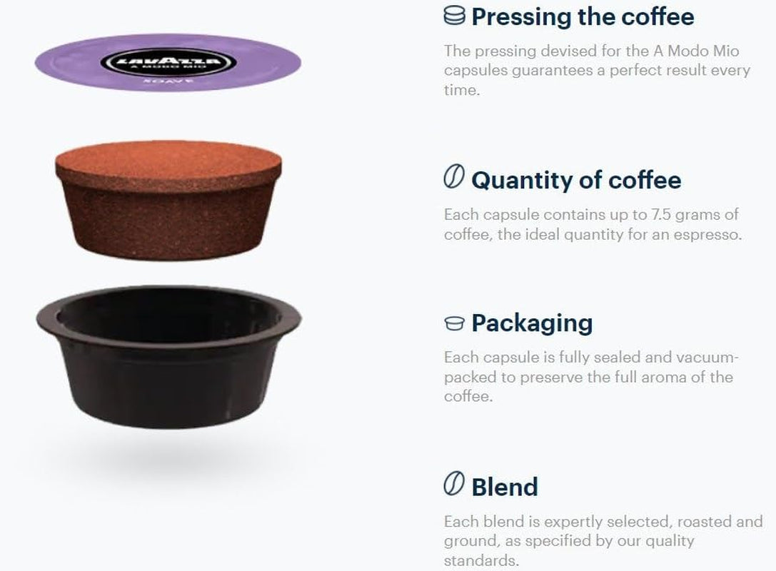 Lavazza, A Modo Mio Soave 256 Kaffeekapseln, voor een lichte en elegante espresso met aromatische noten van Blumen, 100% Arabica, Intensiteit 5/13, medium Röstung, 16 Packungen met je 16