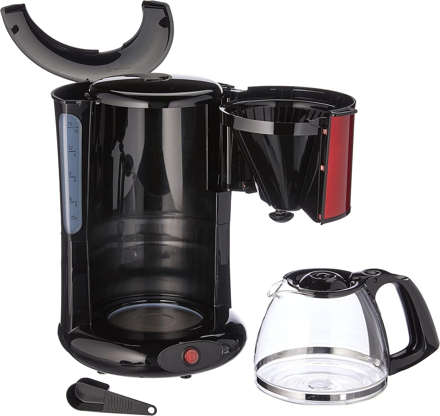 Subito Espressomachine met filter, glazen karaf, 10-15 kopjes, capaciteit 1,25 liter, automatische uitschakelfunctie, verwijderbaar filter, waterniveau-indicator, roestvrij staal, rood/zwart, FG360D