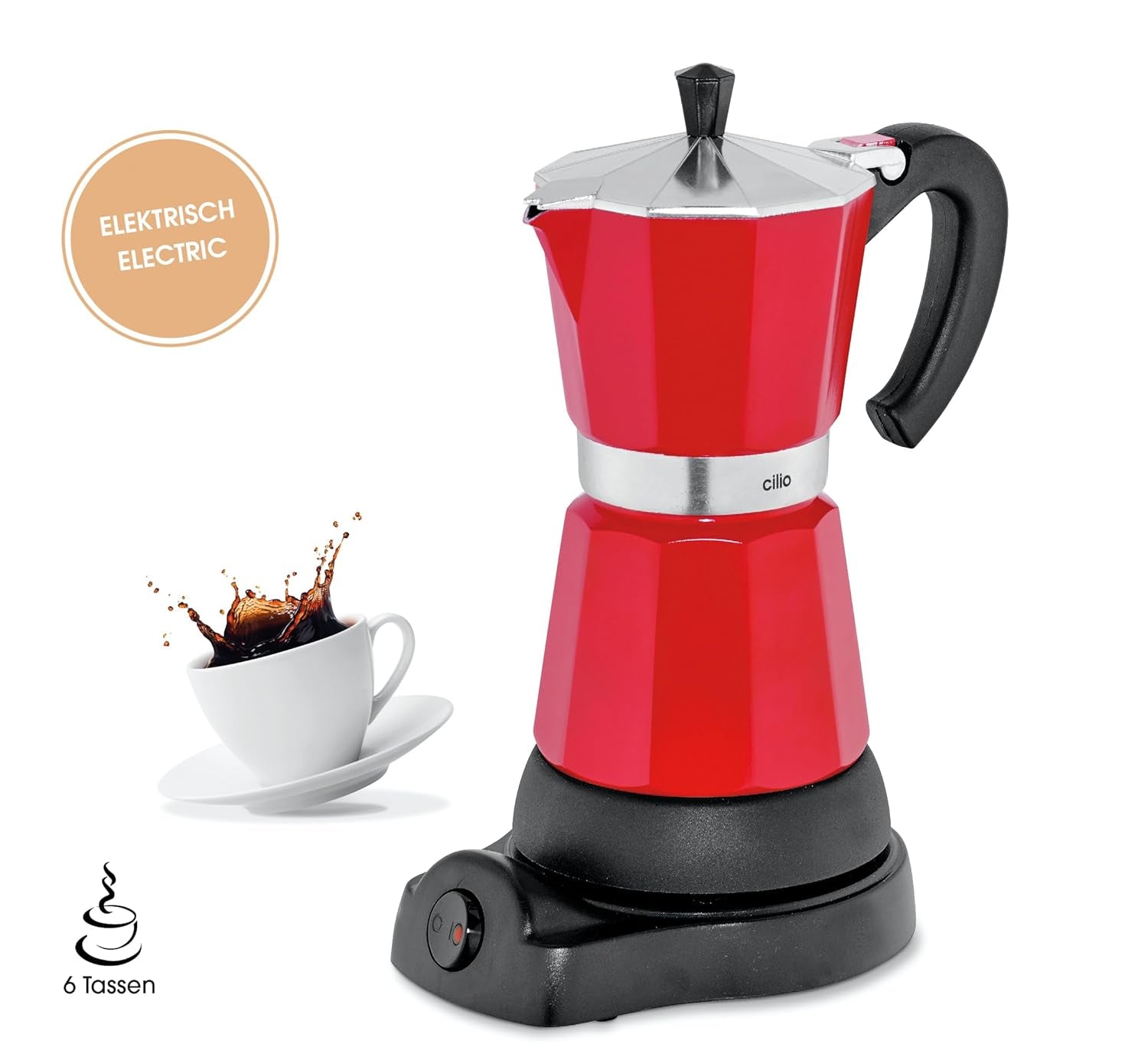 Cilio Classico espressomachine voor 6 kopjes | elektrisch 480W | Ø 11,5 cm Hoogte: 25 cm | aluminium | rood | geïntegreerde kookplaat | met warmteopslagfunctie en reduceerfilter | voor reizen of kamperen