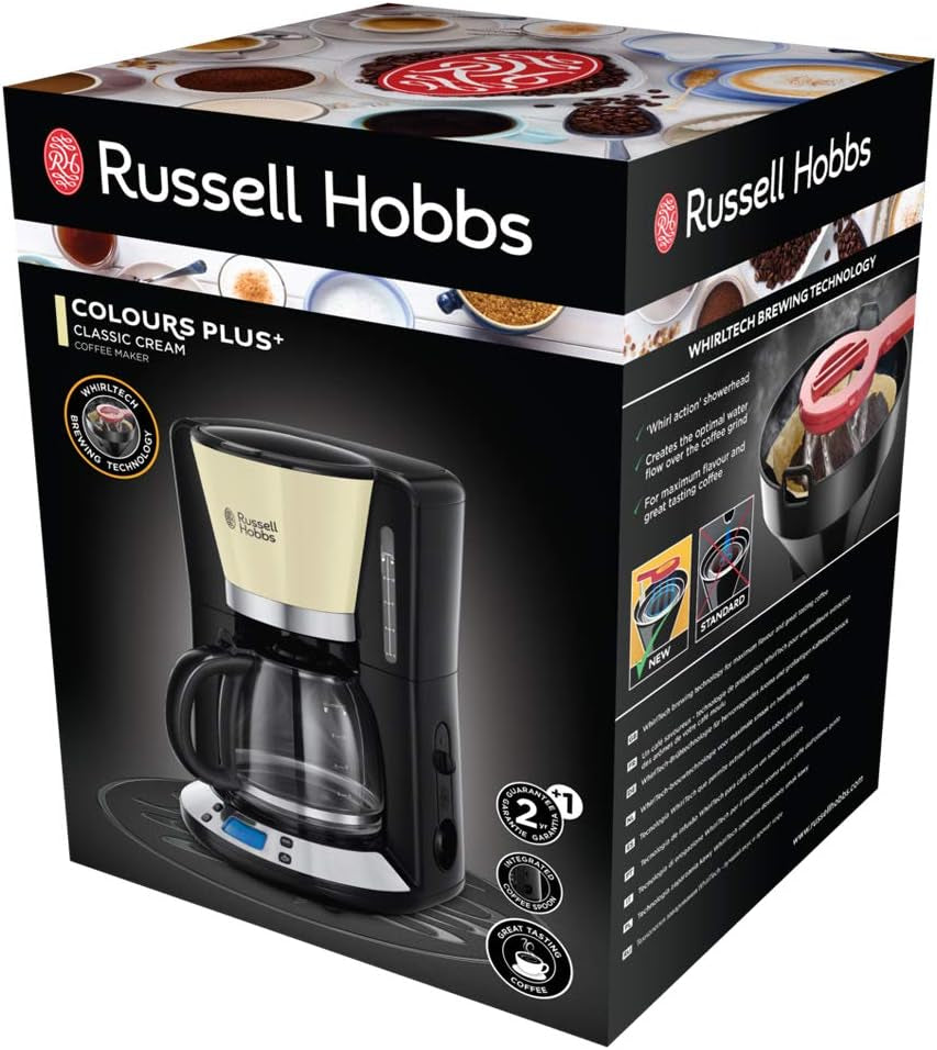 Russell Hobbs koffiezetapparaat [digitale timer, douchekop voor optimale extractie en aroma] Colors+ Creme (1 tot 10 kopjes, glazen karaf van 1,25 liter, verwarmingsplaat, 1100 W) Filterkoffiezetapparaat 24033-56