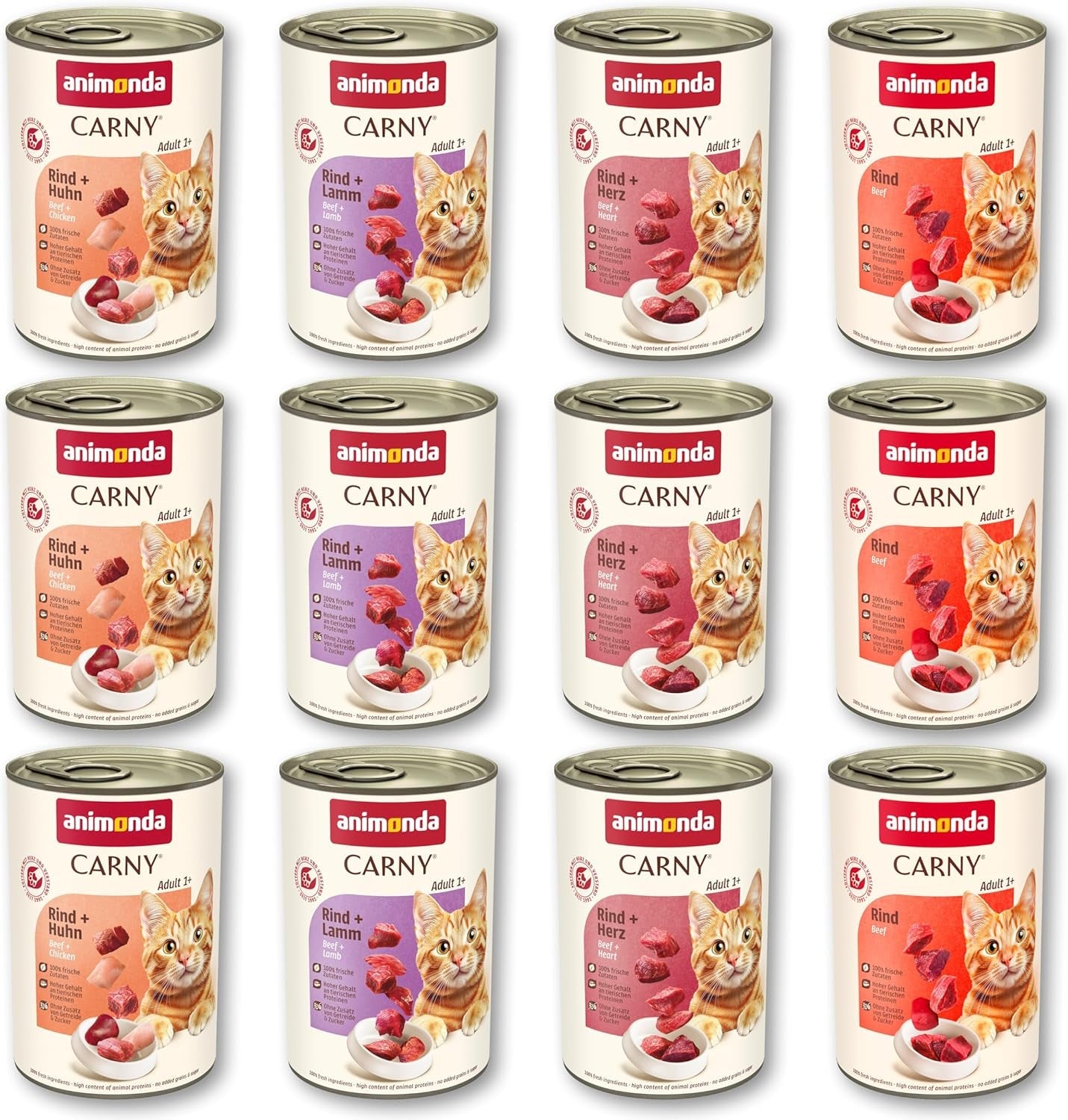 animonda Carny Adult Savory Variety (12 x 400 g), natvoer voor volwassen katten, natvoer met 100% verse vleesingrediënten, graanvrij en suikervrij