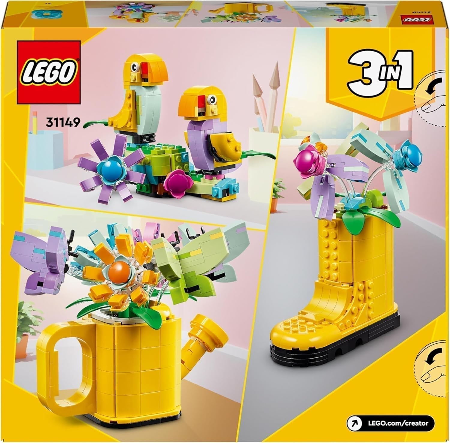 LEGO Creator 3In1 bloemensproeierset, kinderkamerdecoratie, bouw een sproeier met een boeket bloemen, rubberen laarzen of 2 speelgoedvogels, creatief cadeau voor meisjes en jongens vanaf 8 jaar 31149 Bouwsets Besuche den LEGO-Store