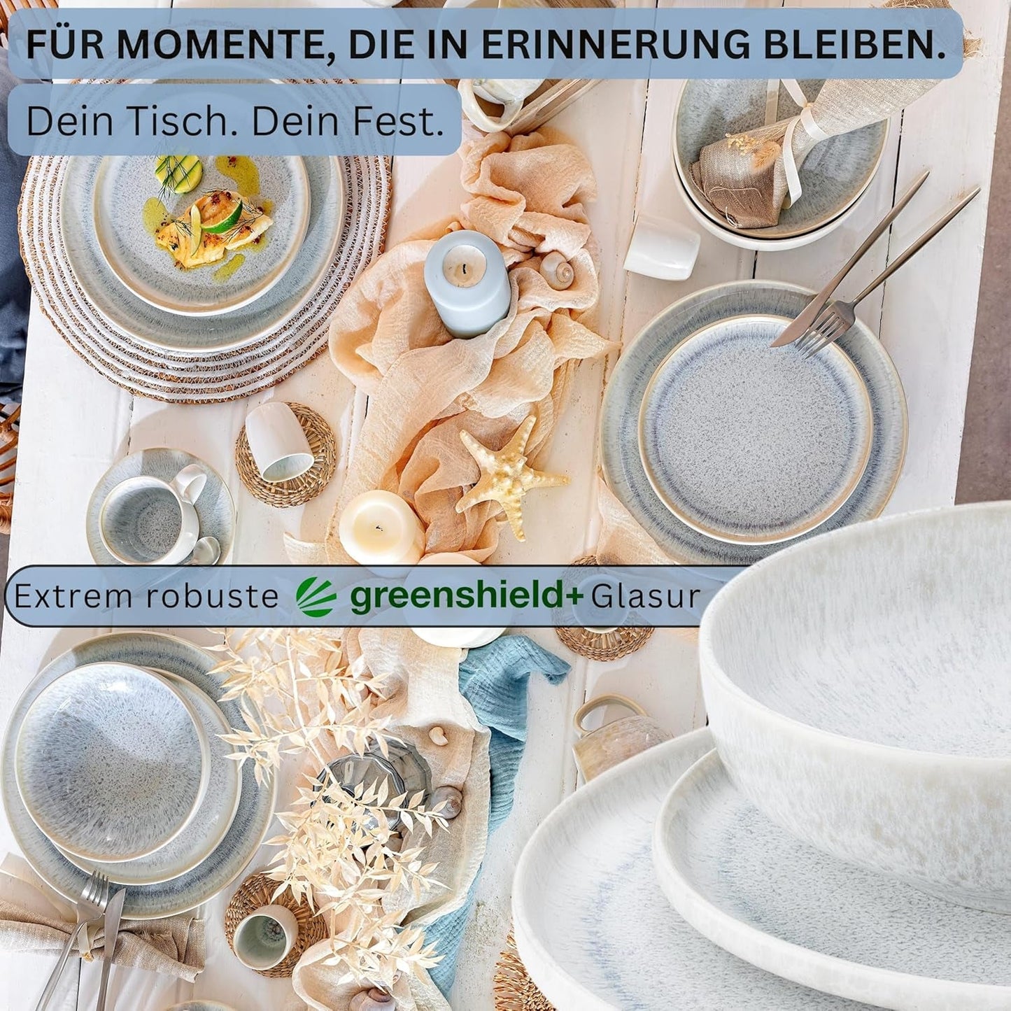 ZANGER | 12-delige Santorini Serviesset 4-persoons Bordenset ZEER GOED Beoordeeld Steengoed Serviesset Inclusief Dinerborden, Dessertborden en Suma Borden Crème Lila Blauw Gradiënt | DE PREMIUM COLLECTIE