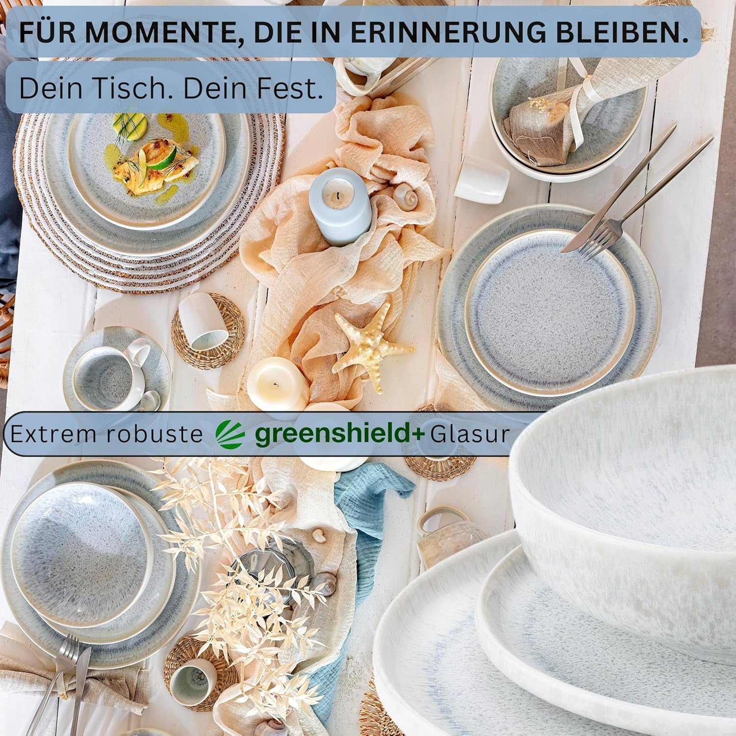 ZANGER | 12-delige Santorini Serviesset 4-persoons Bordenset ZEER GOED Beoordeeld Steengoed Serviesset Inclusief Dinerborden, Dessertborden en Suma Borden Crème Lila Blauw Gradiënt | DE PREMIUM COLLECTIE