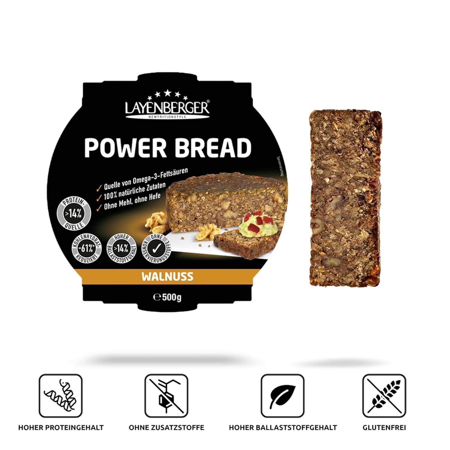 Layenberger Prower Brood Walnoot, Eiweiß- Und Ballaststoffquelle, Ohne Konservierungsmittel, Ohne Hefe, Ohne Mehl, Mit 14G Protein Pro 100G, (1 X 500G) Mengsel voor bakken en koken Naty Shop