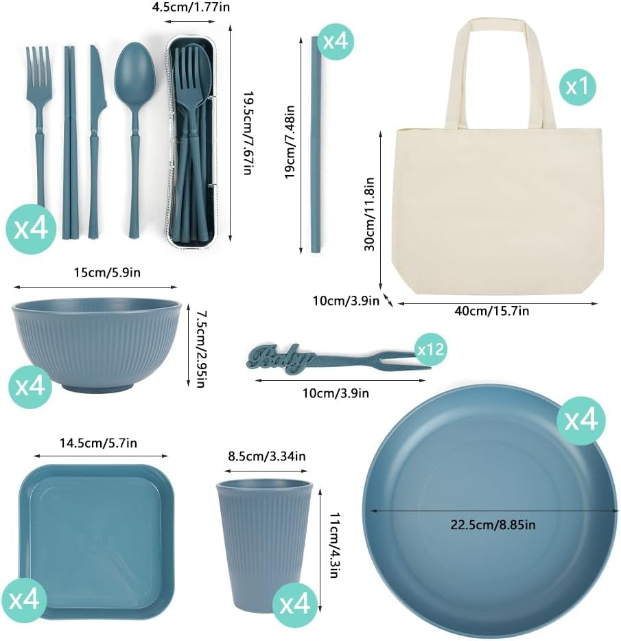 53-delig 4-persoons campingservies, onverwoestbaar 4-persoons campingservies, lichtgewicht plastic servies met draagtas, stapelbare borden en schalen, BBQ-tuin-picknickservies