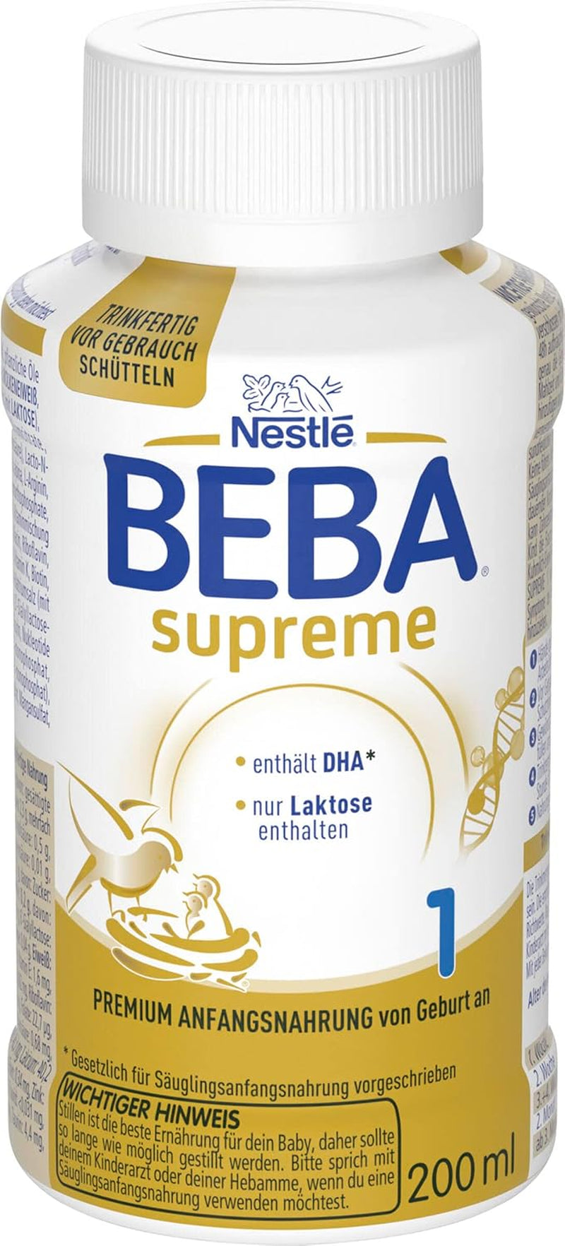 BEBA Nestlé BEBA SUPREME 1 Zuigelingenvoeding: Kant-en-klare flesjes met Omega 3, 1 pakje (1 x 200 ml)