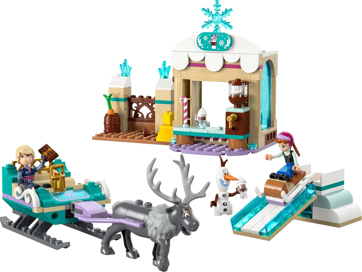 LEGO Ç€ Disney Frozen Anna's slee-avontuur, constructiespeelgoed en fantasiespeelset, chocoladekraam met Anna, Kristoff, Olaf en Sven minipoppen, prinsessenspeelgoed voor meisjes vanaf 4 jaar 43256 Bouwsets Besuche den LEGO-Store
