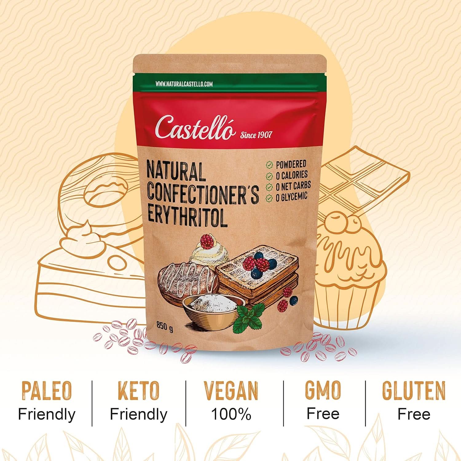 Natuurlijke Erythritol - Poedersuiker | 10G = 7G suiker, 850 gram Zoetstoffen Naty Shop