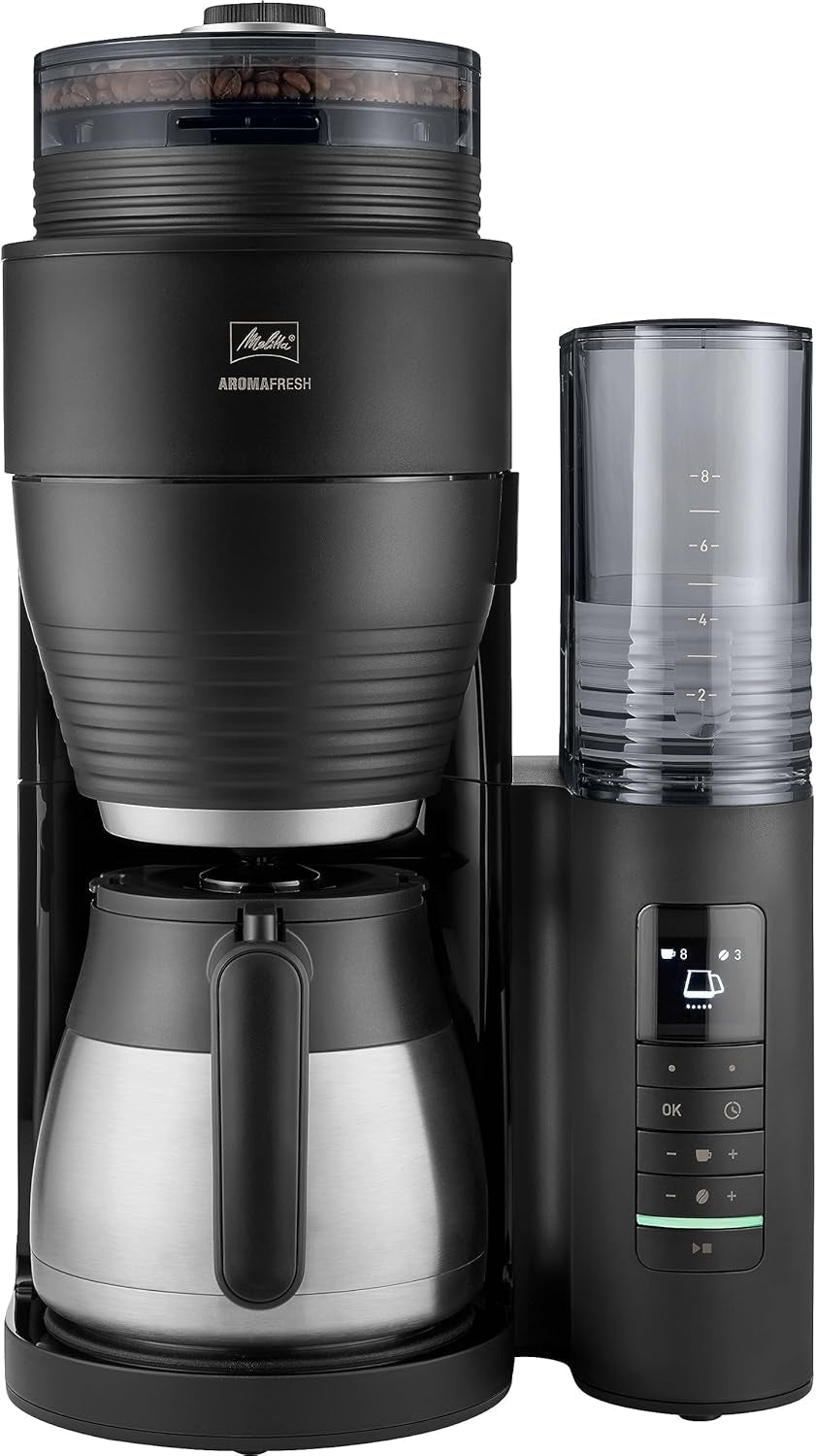 Melitta AromaFresh Therm Pro X - Espressomachine met filter, geïntegreerde molen, afneembaar waterreservoir, roestvrijstalen thermische karaf en timerfunctie, voor maximaal 8 koppen koffie, zwart/zilver