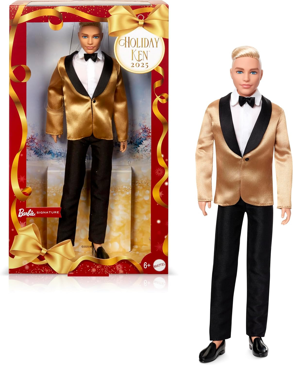 Barbie Signature 2025 Holiday Blonder Ken Modepuppe zum Sammeln in complete Anzug met Goldener Jacke in Einer Verpackung zum Ausstellen en met Puppenständer, JGK55