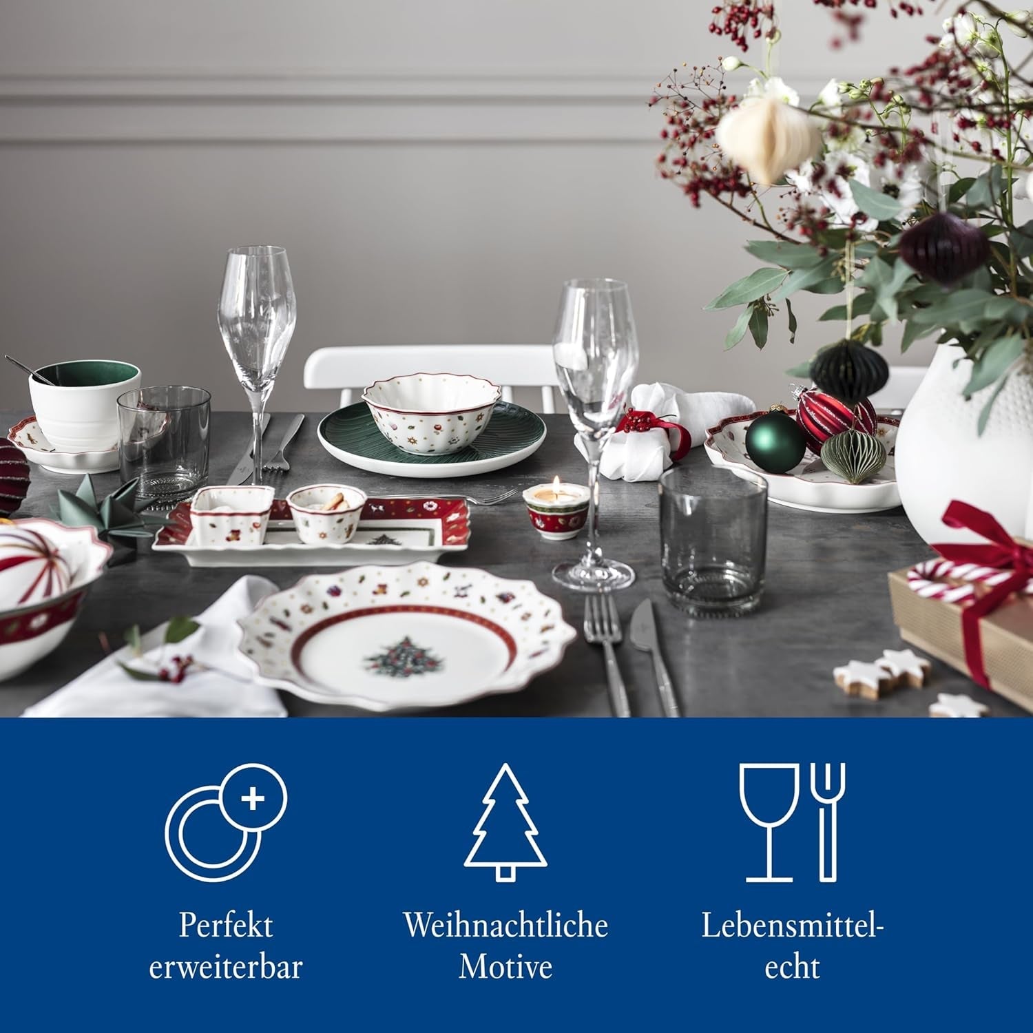 Villeroy & Boch - Toy's Delight Jusset, 4-delig, Serveerschaal met Kommen, Kerstjuskomset, Speelgoedtafeldecoratie, Dienblad, Kommen, Kerstservies, Premium Porselein