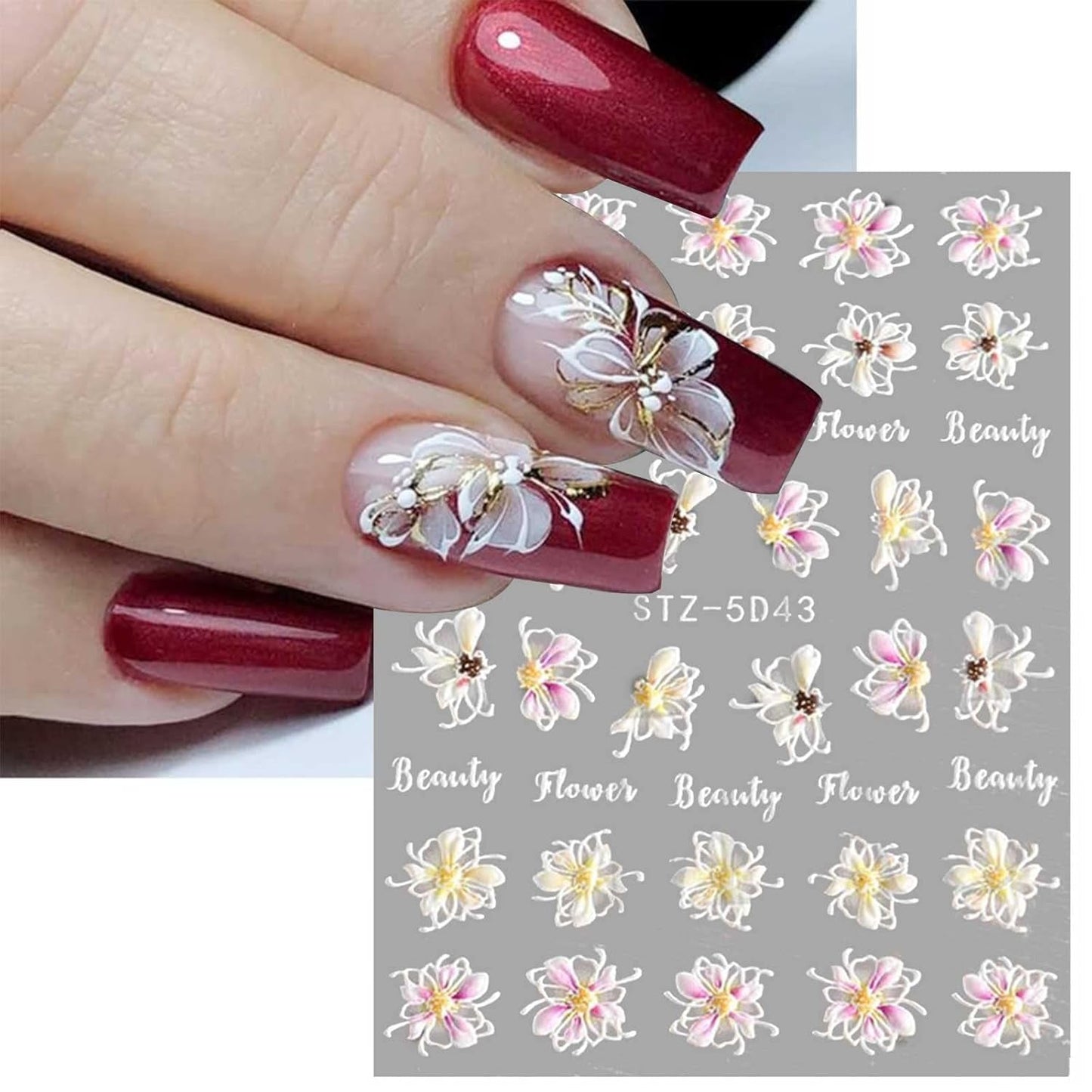 JMEOWIO 3D Nagelsticker Frühling Blume Nail Art Sticker Selbstklebend Nagelaufkleber 5D Stereoskopisch Blumen Decoratie Nageldesign Zubehör 4 Blatt