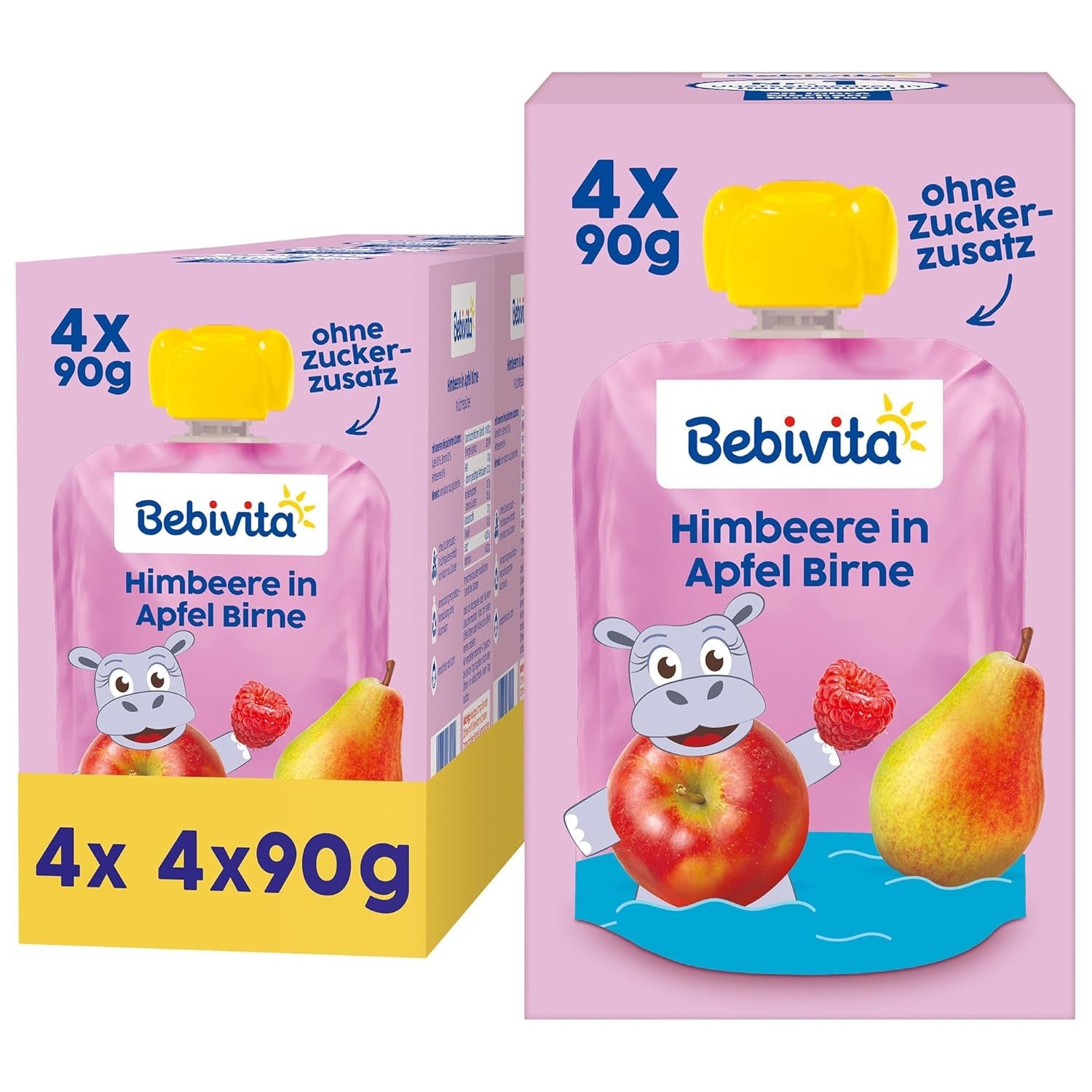 Himbeere in Apfel Birne Quetschie – 16 Stück (4er Pack, je 4 x 90g), ohne Zuckerzusatz, glutenvrij, ideaal voor onderweg en zelfstaande snacks