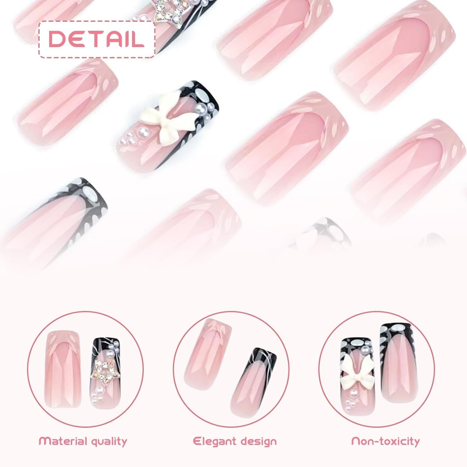 24 stuks middellange strass roze vierkante parel glitter 3D kunstnagels voor dames meisjes
