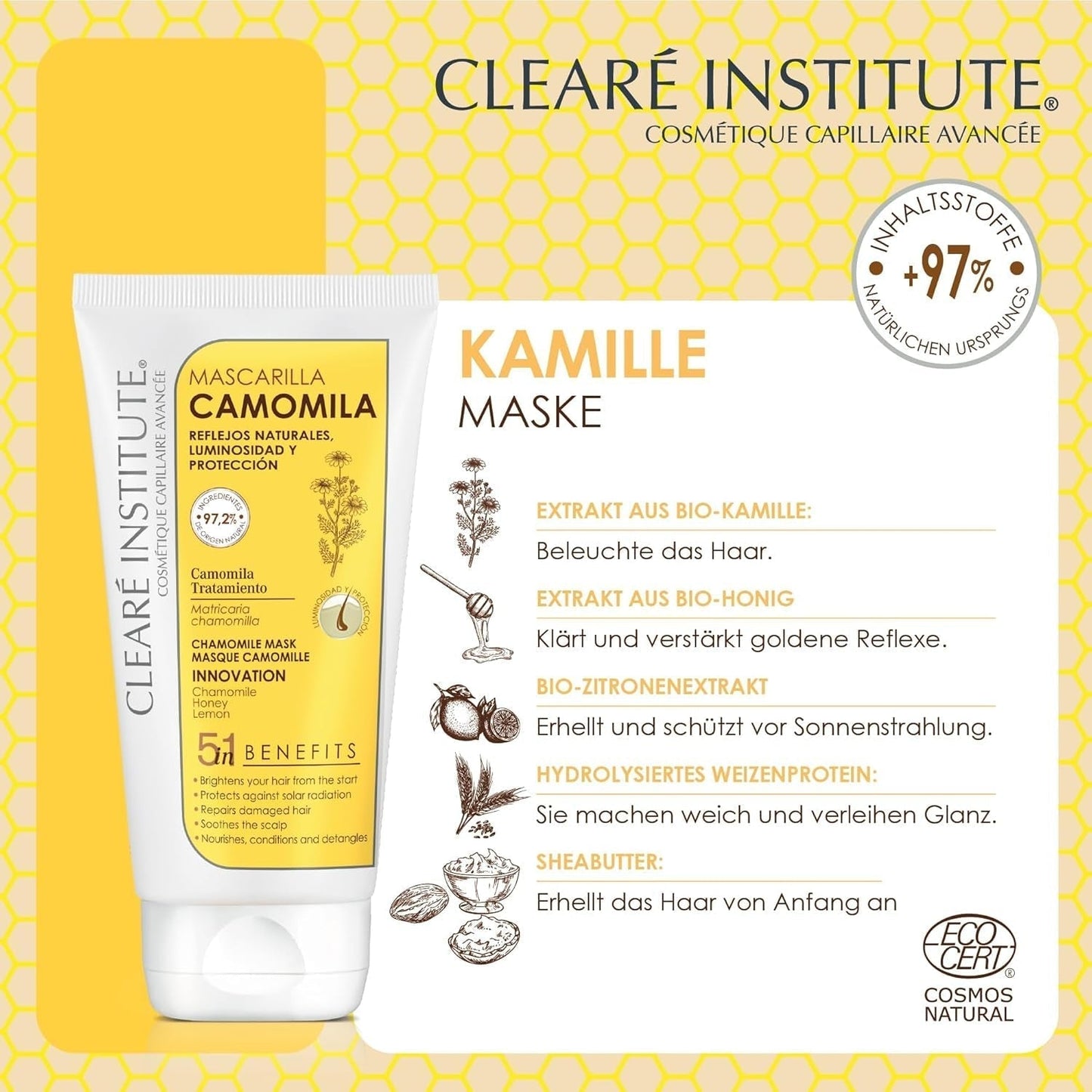 Clearé Instituut | Kamillemasker | Voedt, conditioneert en ontwart | Gouden glans en glans | 97% natuurlijke ingrediënten | Verzacht de hoofdhuid Met kamille-extract |150 ml Naty Shop haarmasker