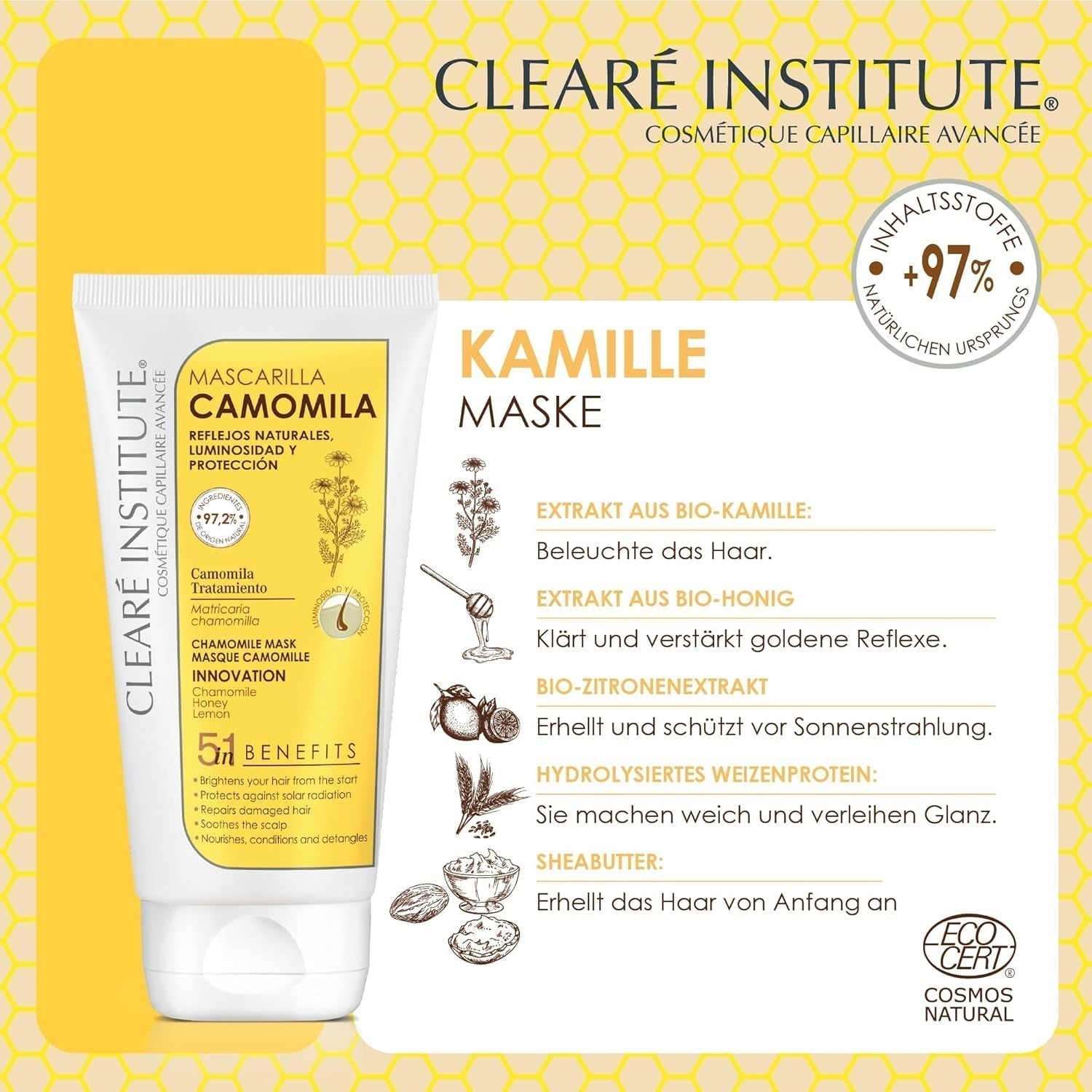 Clearé Instituut | Kamillemasker | Voedt, conditioneert en ontwart | Gouden glans en glans | 97% natuurlijke ingrediënten | Verzacht de hoofdhuid Met kamille-extract |150 ml Naty Shop haarmasker