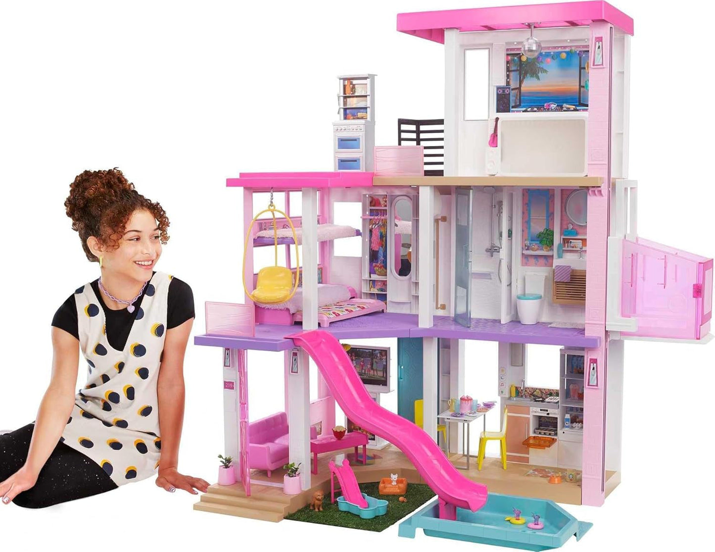 Barbie Droomhuis (114 cm), poppenhuis met 3 verdiepingen, zwembad, glijbaan, rolstoellift, 75 accessoires, poppen, geschikt als cadeau voor kinderen vanaf 3 jaar, GRG93