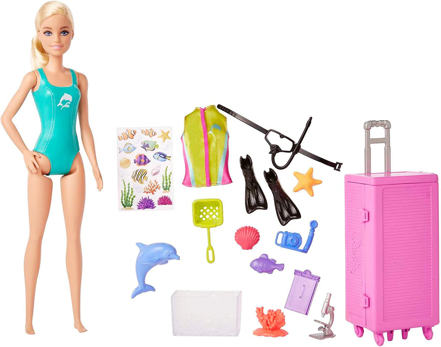 Barbie You Can Be Anything-serie, mariene bioloog, 1x pop met blond haar, zwempak, dolfijn, accessoires, kindercadeau, speelgoed vanaf 3 jaar, HMH26