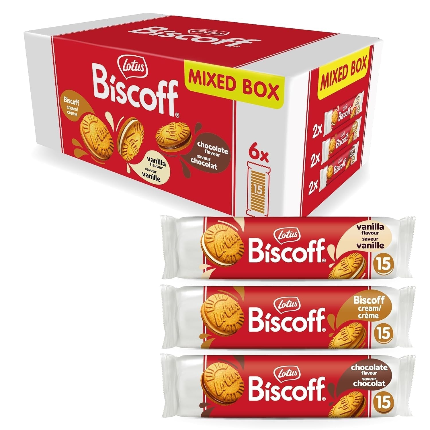 Lotuskoekje | Variatiepakket dubbele koekjes | 3 variëteiten | 2 pakketten per variëteit | 15 dubbele koekjes per verpakking | Ingrediënten van natuurlijke oorsprong | Geen kleurstoffen | 6 x 150 g | 900g